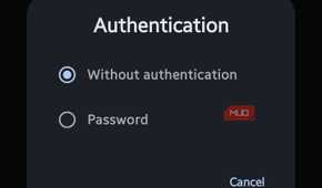 Mobile pop-up modal titled "Authentication" displaying radio button options for "Without authentication" and "Password"