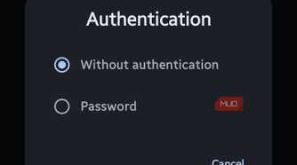 Mobile pop-up modal titled "Authentication" displaying radio button options for "Without authentication" and "Password"