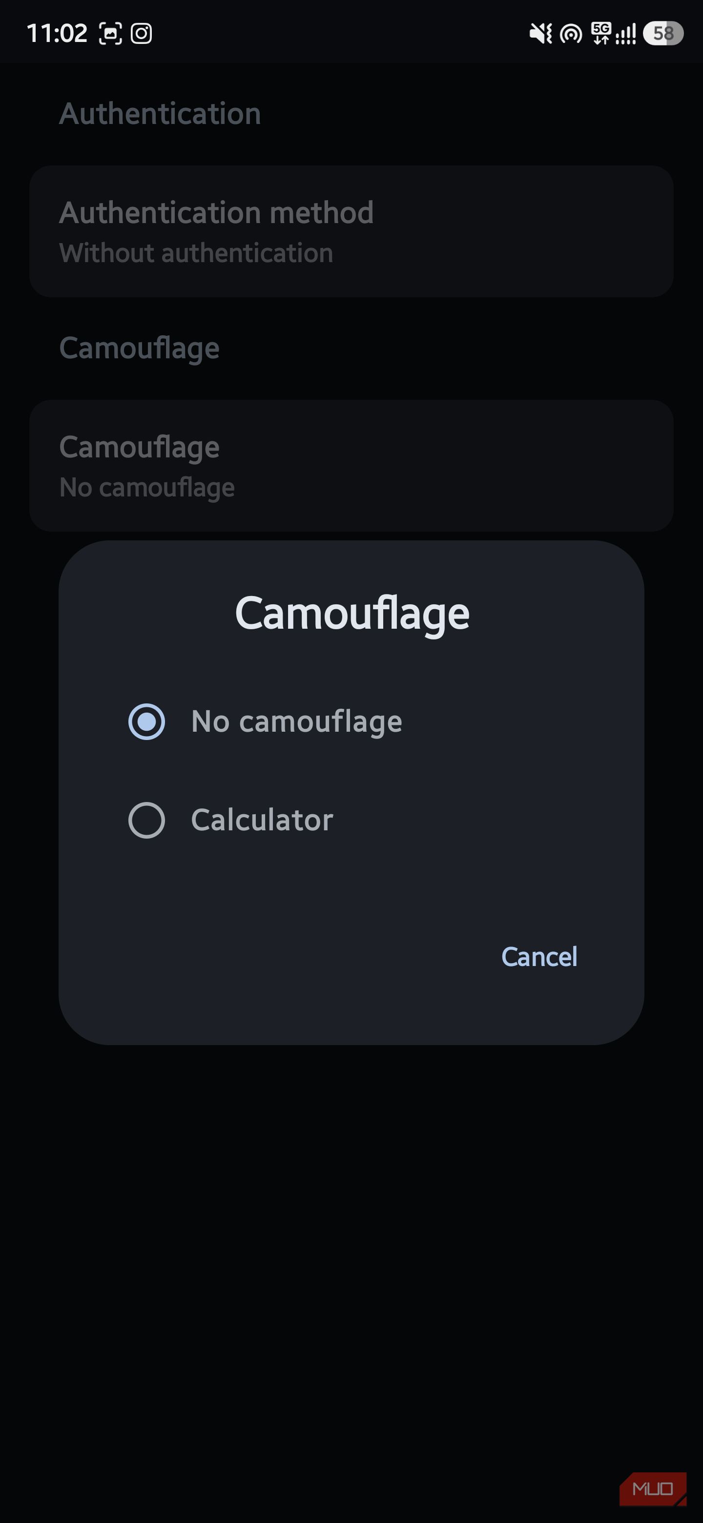 Mobile pop-up modal titled "Camouflage" displaying radio button options for "No camouflage" and "Calculator"