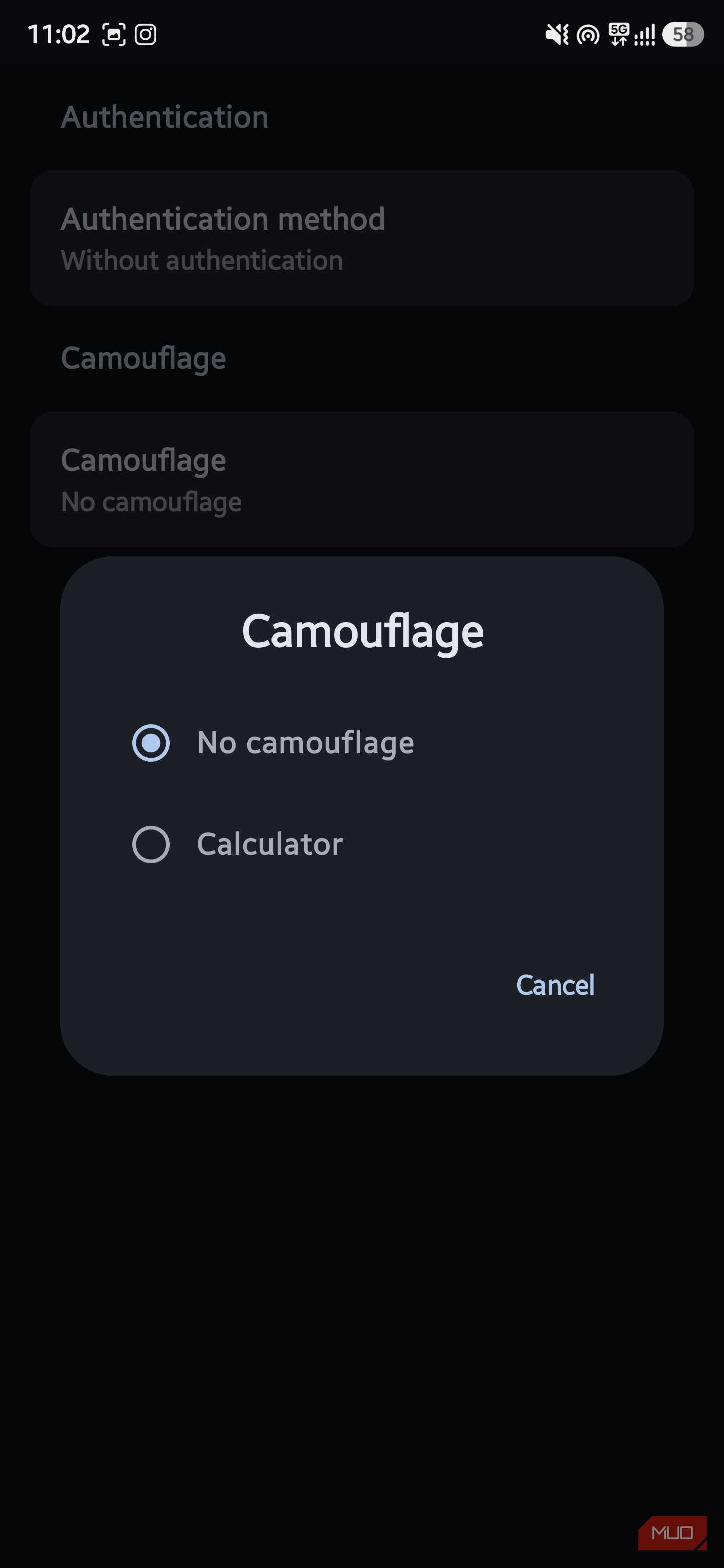 Mobile pop-up modal titled "Camouflage" displaying radio button options for "No camouflage" and "Calculator"