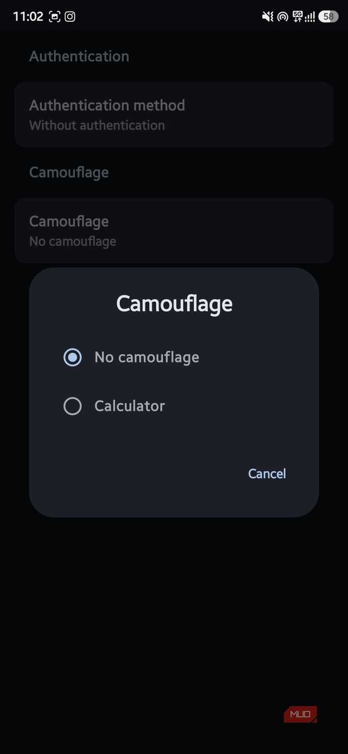 Mobile pop-up modal titled "Camouflage" displaying radio button options for "No camouflage" and "Calculator"