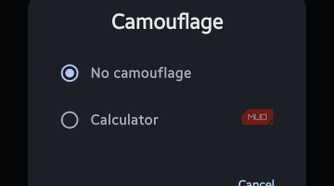 Mobile pop-up modal titled "Camouflage" displaying radio button options for "No camouflage" and "Calculator"