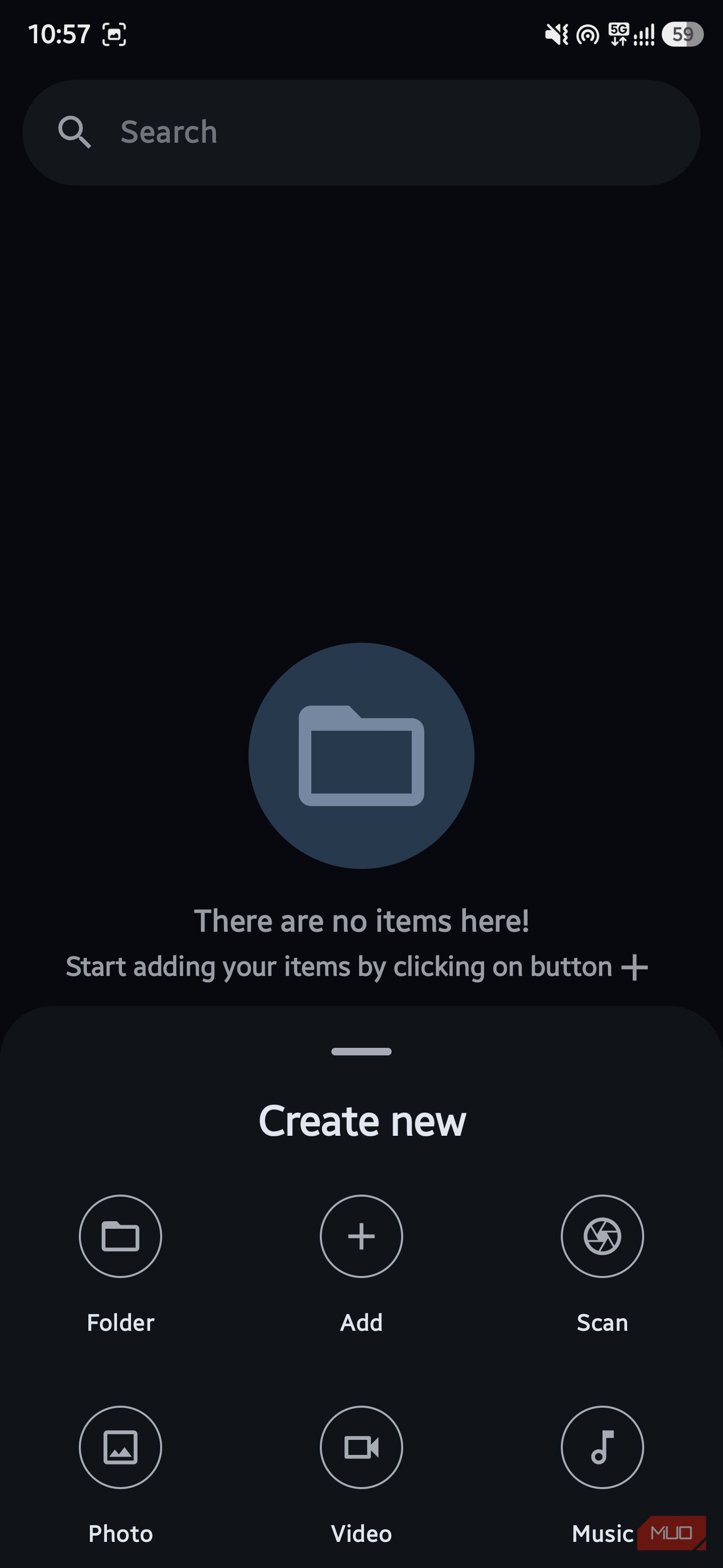 AstraCrypt file manager screen with a bottom drawer popup titled "Create new" containing icons for Folder, Add, Scan, Photo, Video, and Music