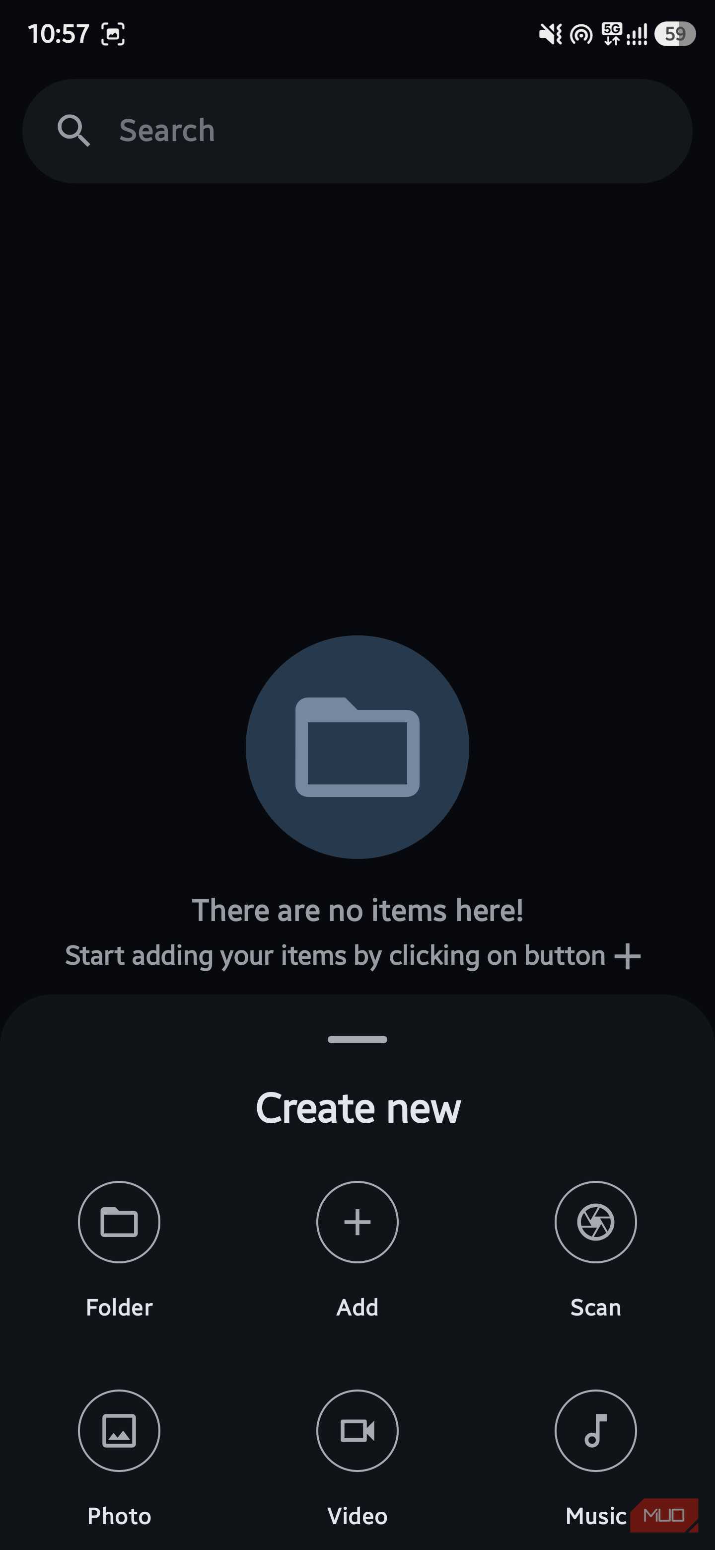 AstraCrypt file manager screen with a bottom drawer popup titled "Create new" containing icons for Folder, Add, Scan, Photo, Video, and Music