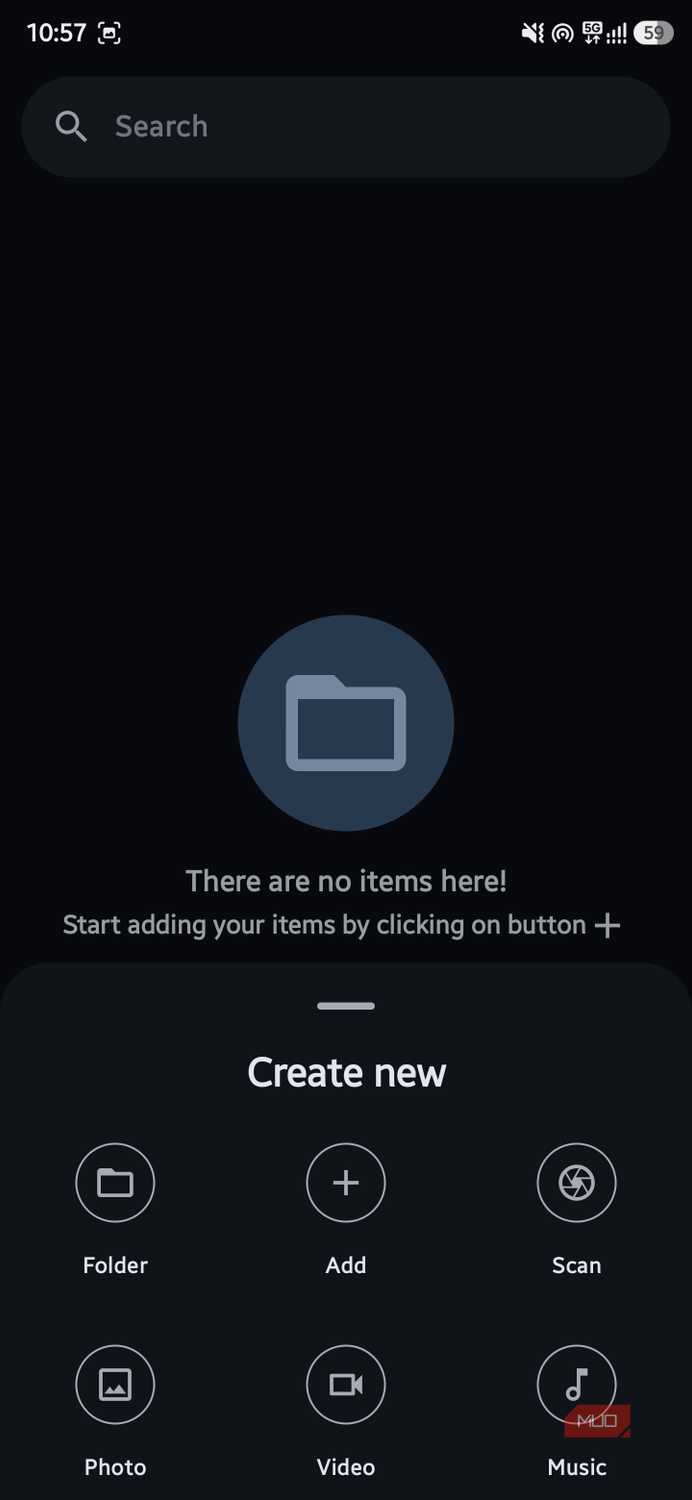 AstraCrypt file manager screen with a bottom drawer popup titled "Create new" containing icons for Folder, Add, Scan, Photo, Video, and Music