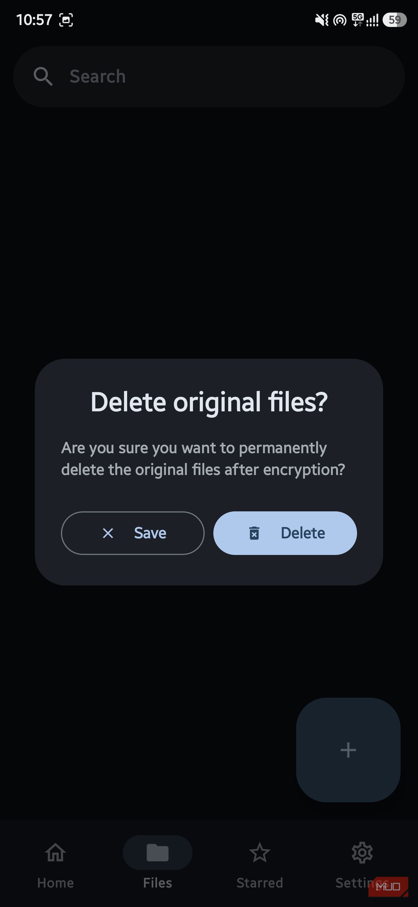 Confirmation dialog box titled "Delete original files?" presenting options to Save or Delete files after encryption