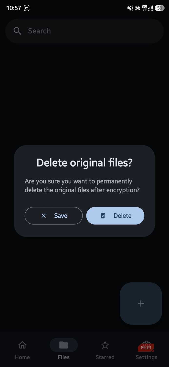 Confirmation dialog box titled "Delete original files?" presenting options to Save or Delete files after encryption