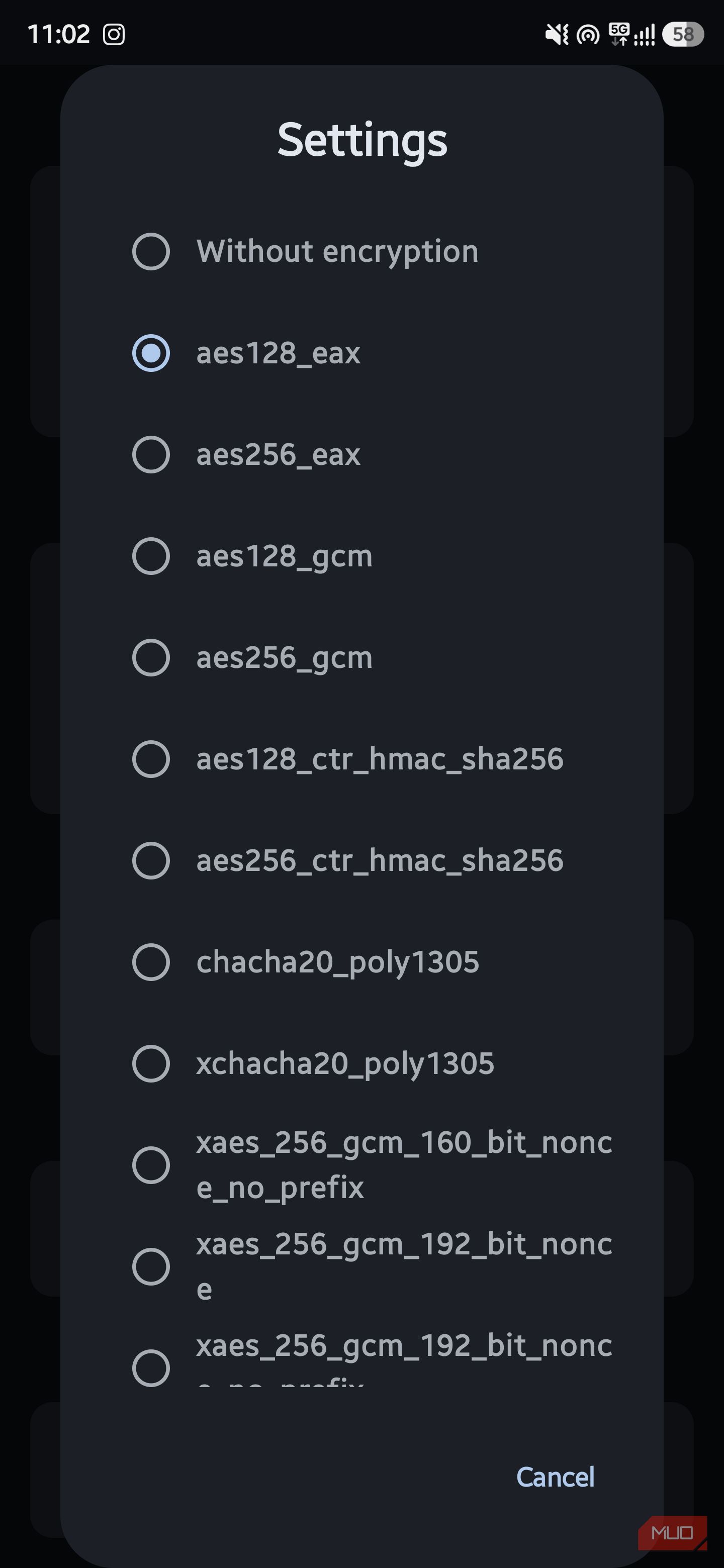 Settings dialog displaying a scrollable list of encryption algorithms including various AES and ChaCha20 options