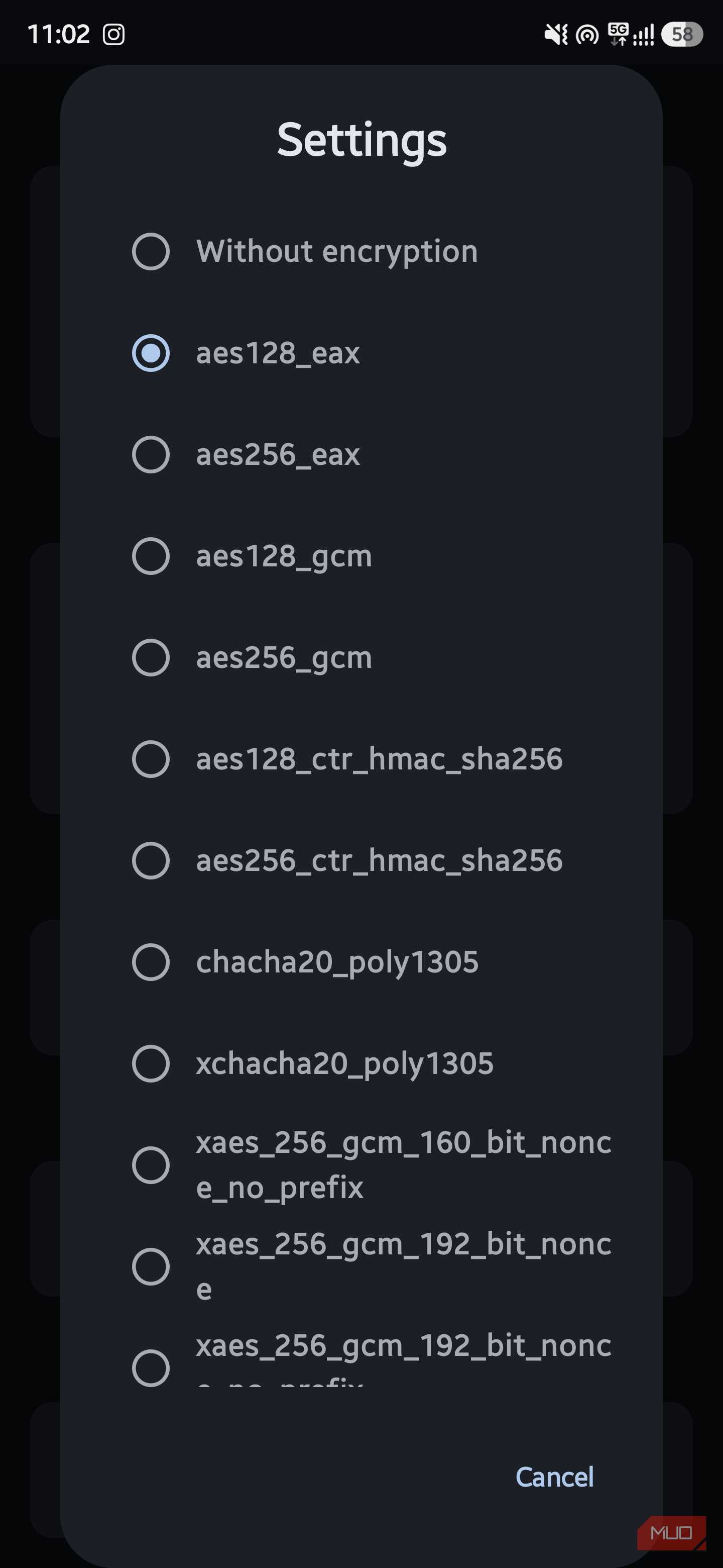 Settings dialog displaying a scrollable list of encryption algorithms including various AES and ChaCha20 options