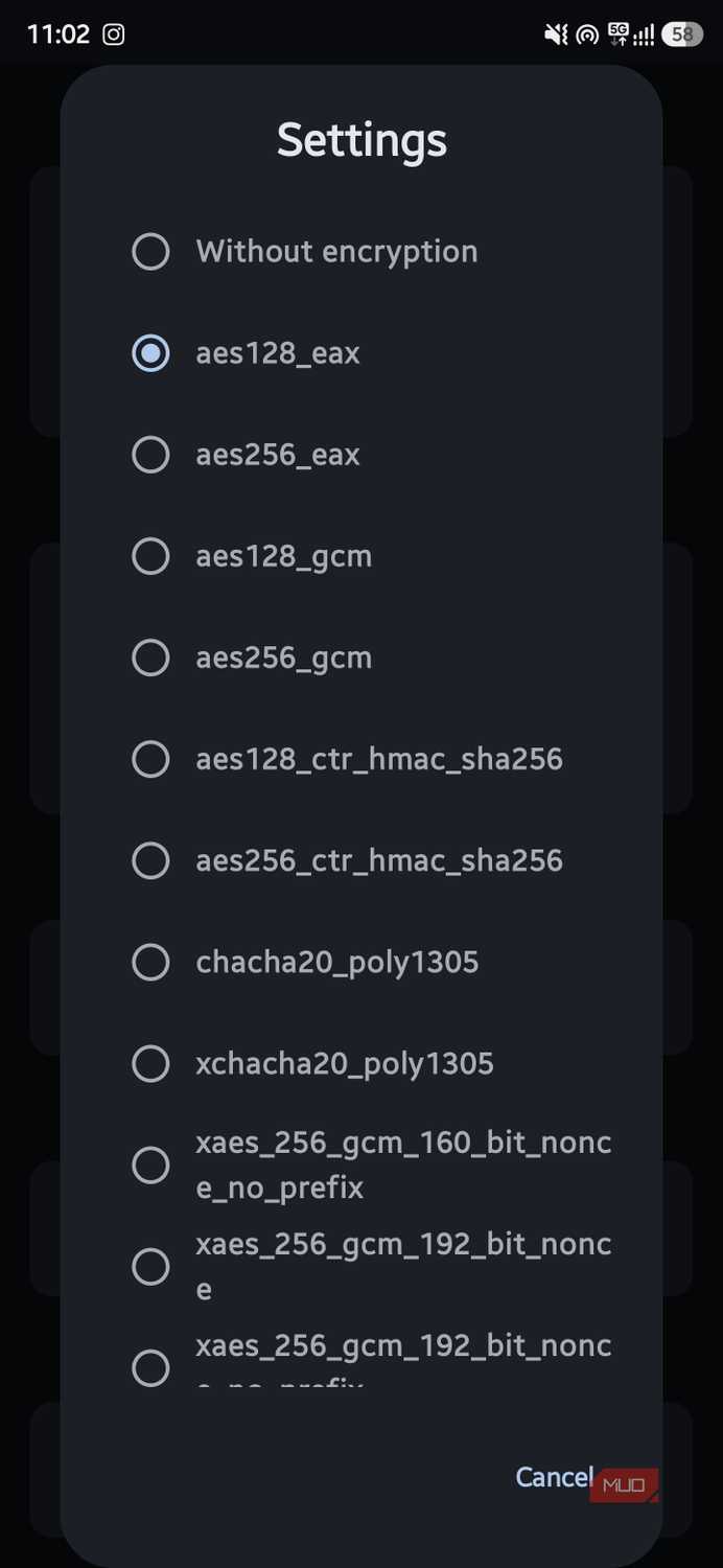 Settings dialog displaying a scrollable list of encryption algorithms including various AES and ChaCha20 options