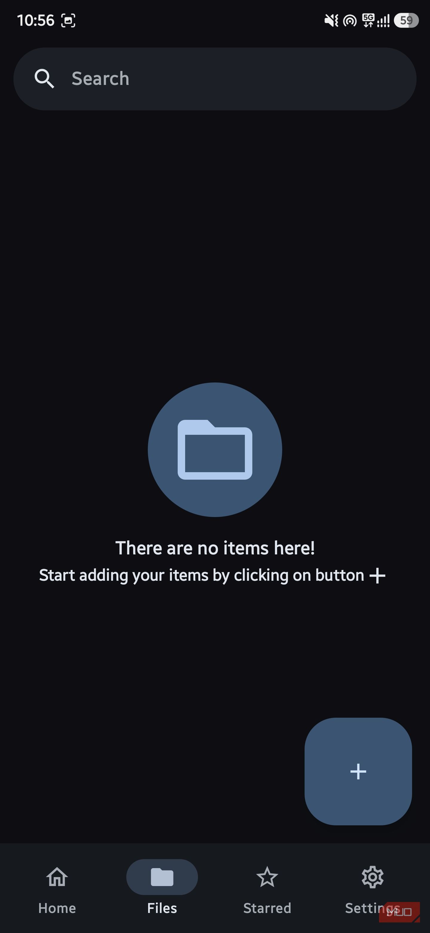Empty file manager screen in AstraCrypt showing a folder icon with the message "There are no items here!" and a blue plus button