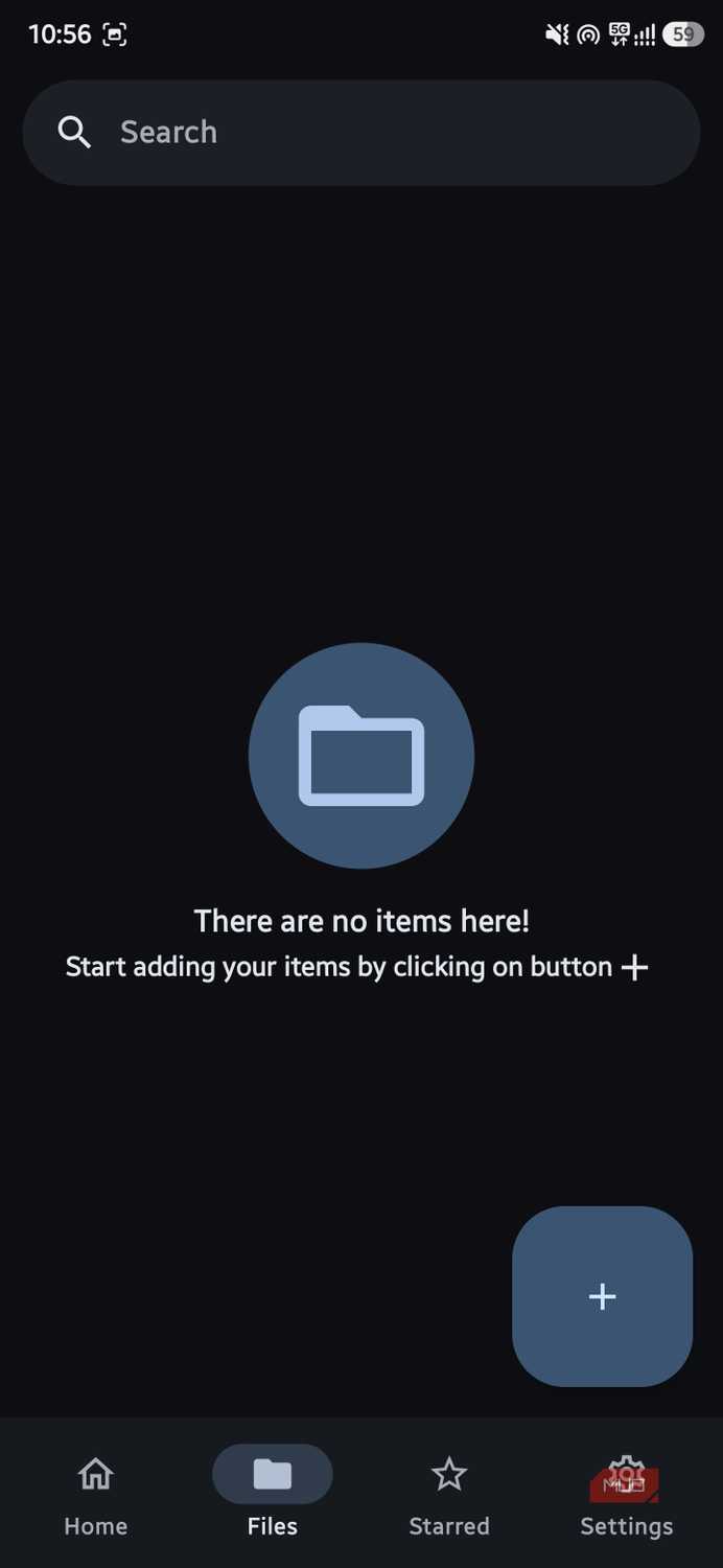Empty file manager screen in AstraCrypt showing a folder icon with the message "There are no items here!" and a blue plus button