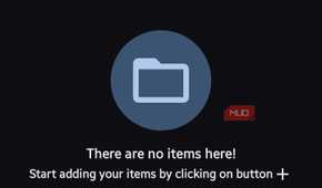 Empty file manager screen in AstraCrypt showing a folder icon with the message "There are no items here!" and a blue plus button