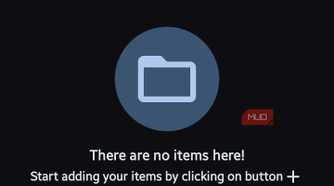 Empty file manager screen in AstraCrypt showing a folder icon with the message "There are no items here!" and a blue plus button