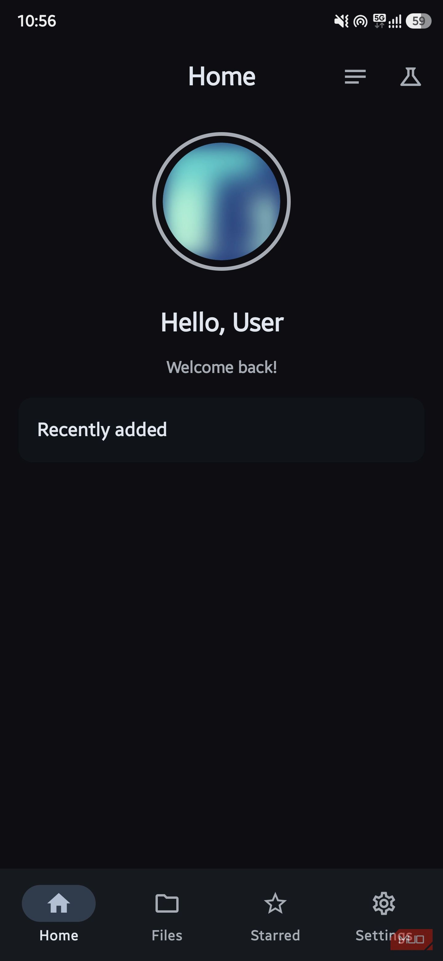 AstraCrypt app home dashboard displaying a user profile icon, "Hello, User" greeting, and a "Recently added" content section