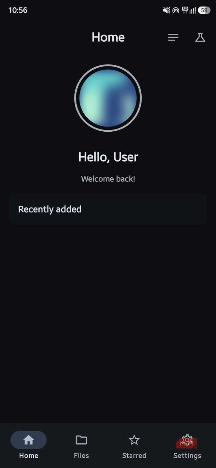 AstraCrypt app home dashboard displaying a user profile icon, "Hello, User" greeting, and a "Recently added" content section