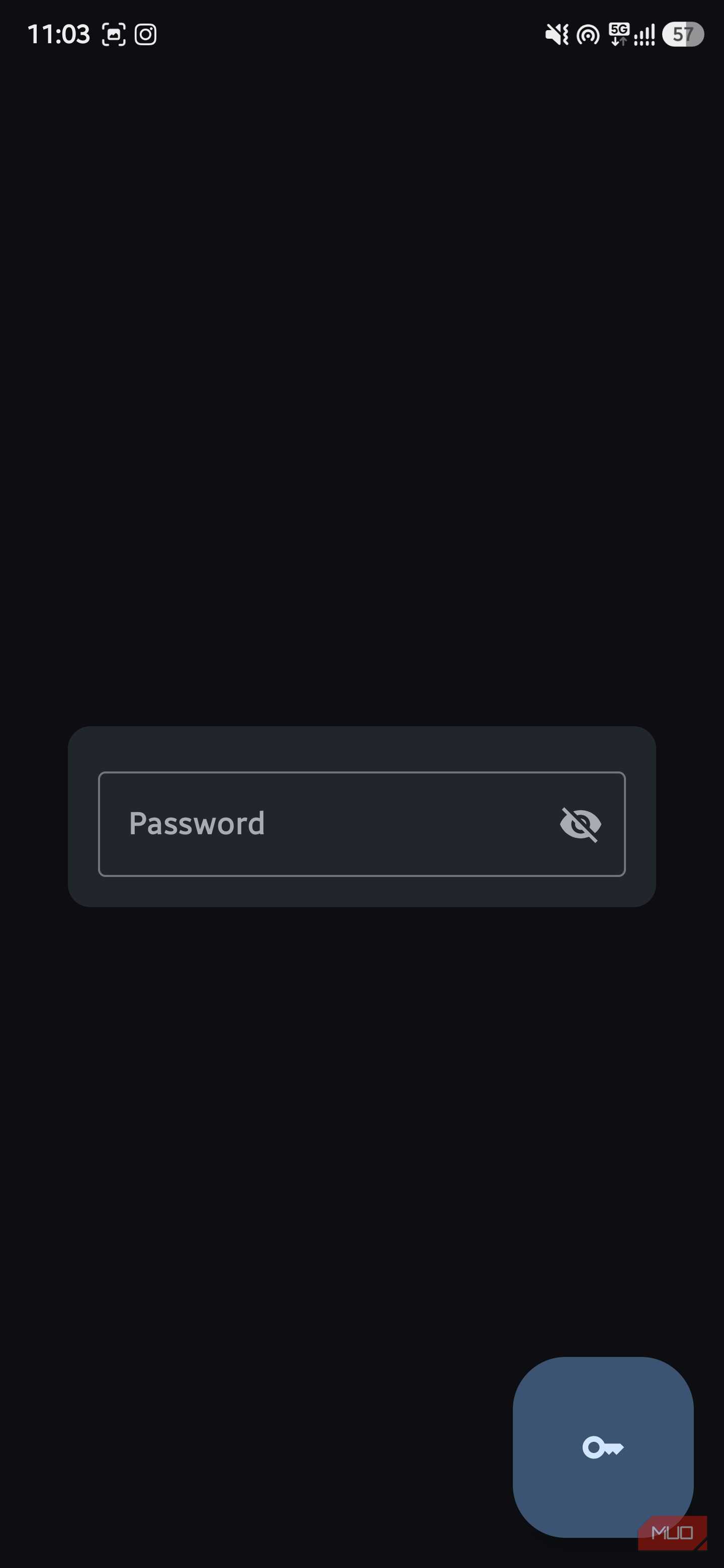 Dark login screen featuring a centered password input field and a blue floating action button with a key icon at the bottom right