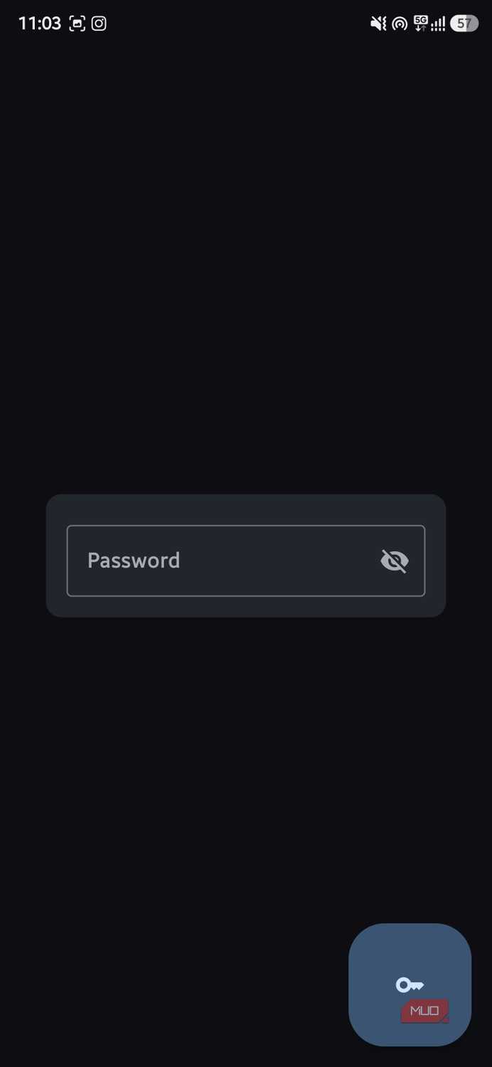 Dark login screen featuring a centered password input field and a blue floating action button with a key icon at the bottom right