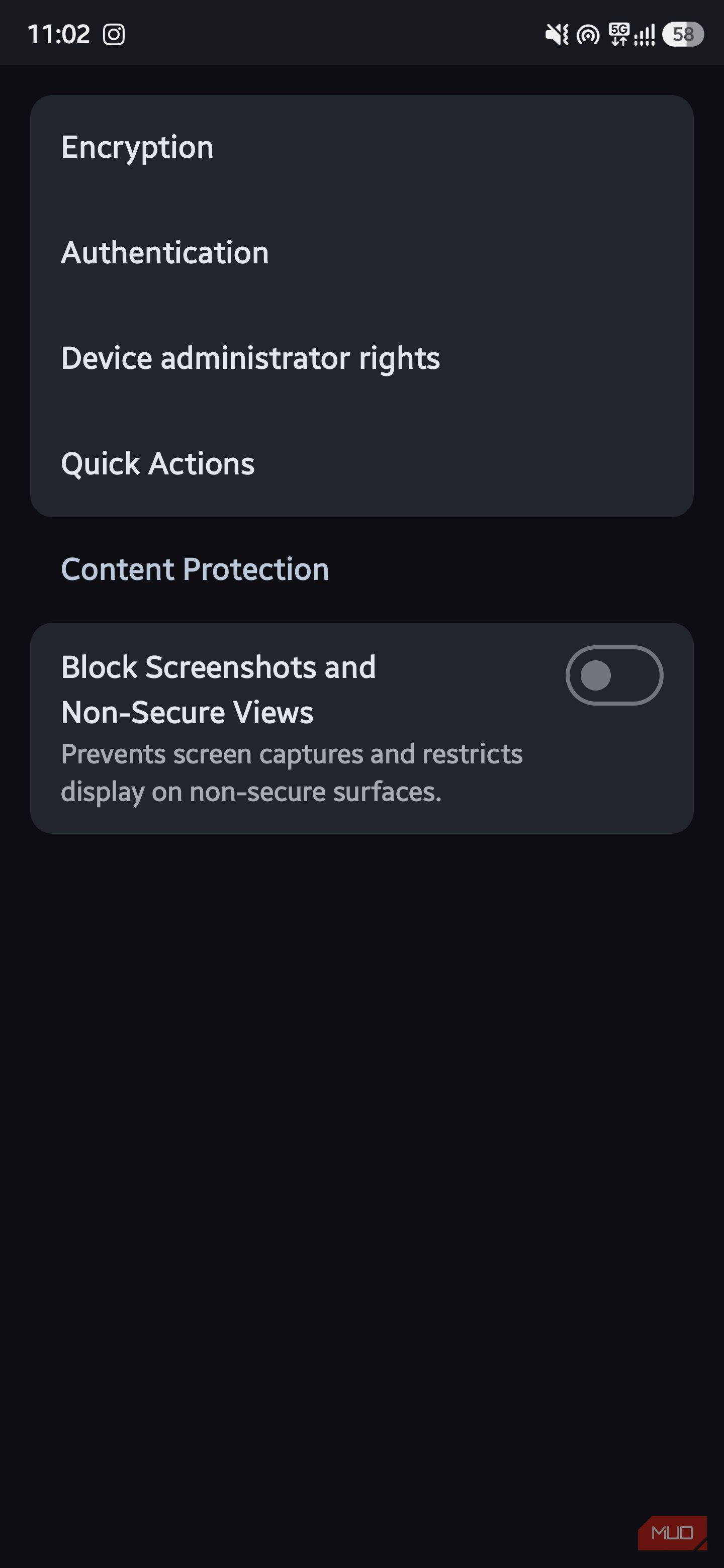 AstraCrypt settings screen showing security configuration categories including Encryption, Authentication, and Content Protection toggles