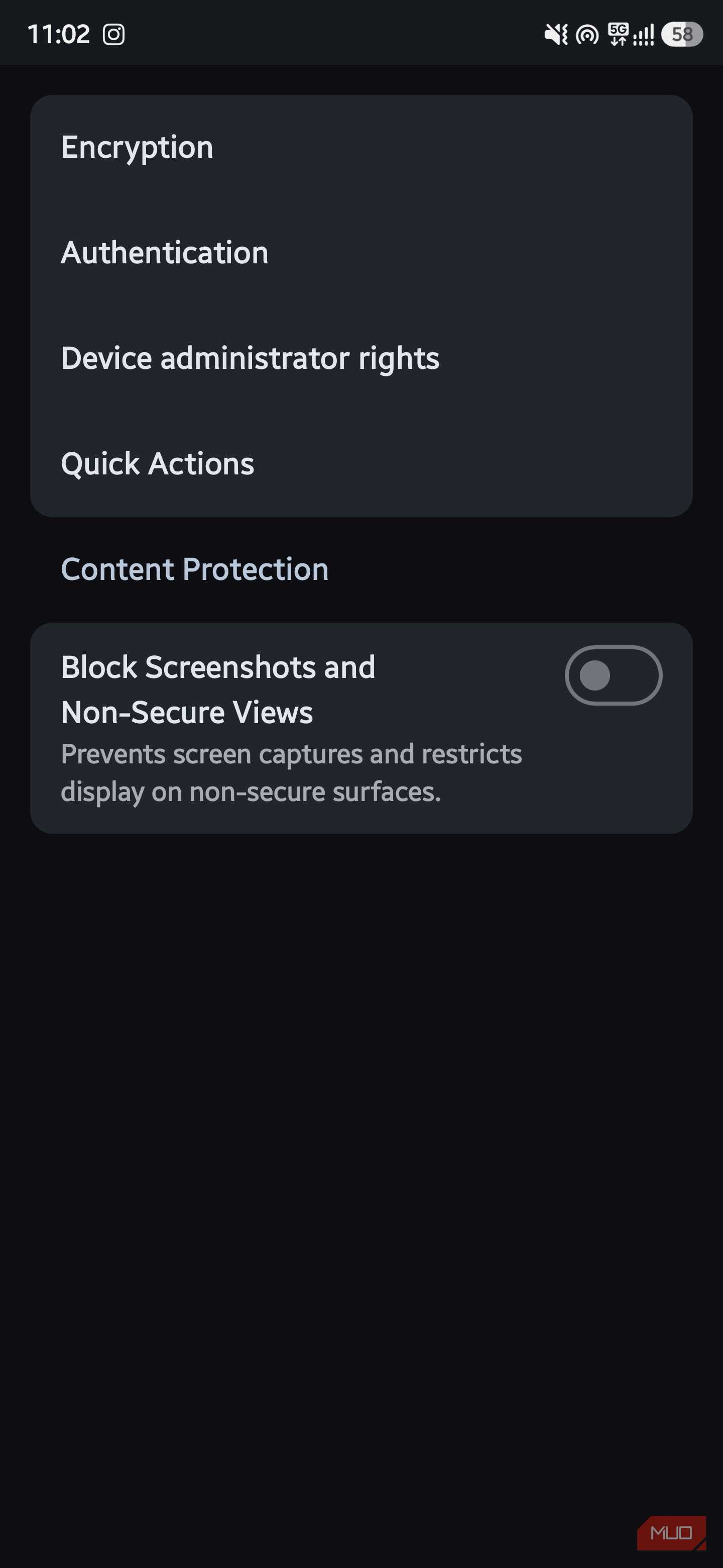 AstraCrypt settings screen showing security configuration categories including Encryption, Authentication, and Content Protection toggles