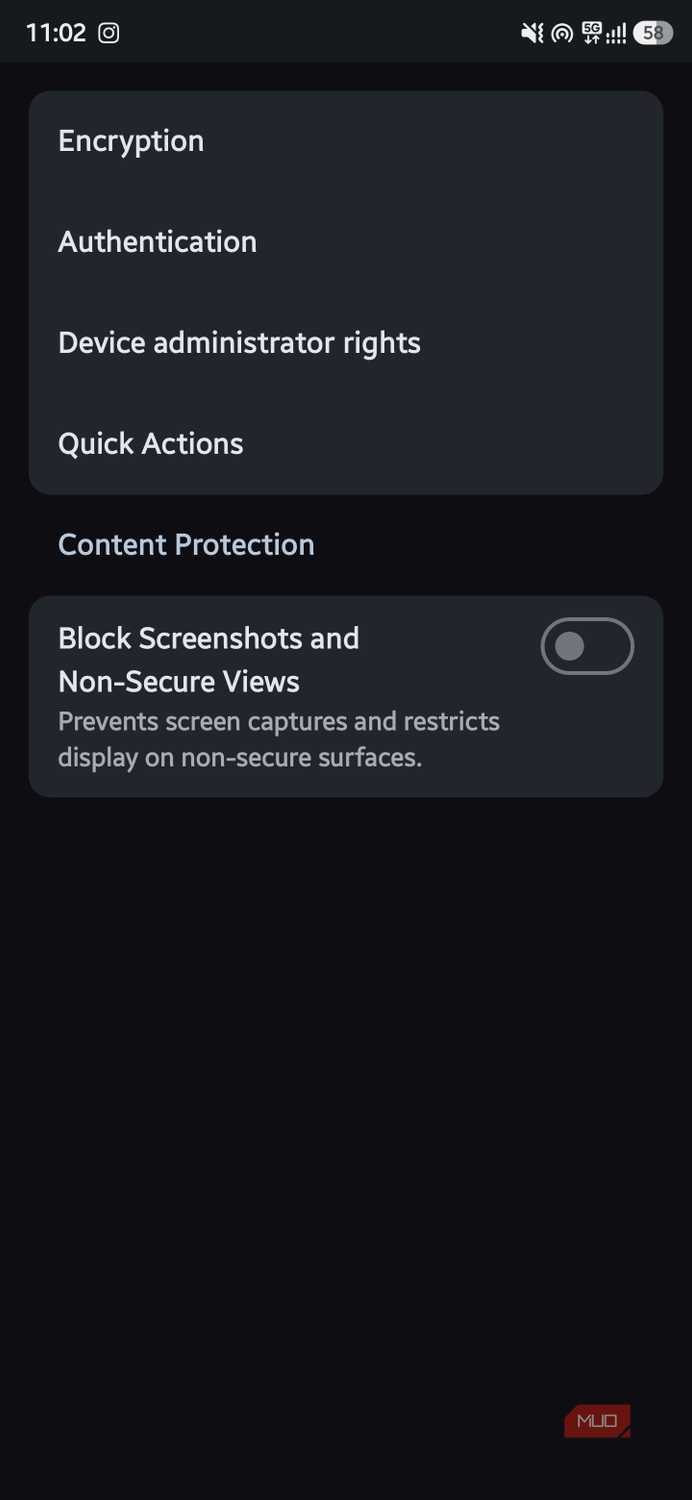 AstraCrypt settings screen showing security configuration categories including Encryption, Authentication, and Content Protection toggles