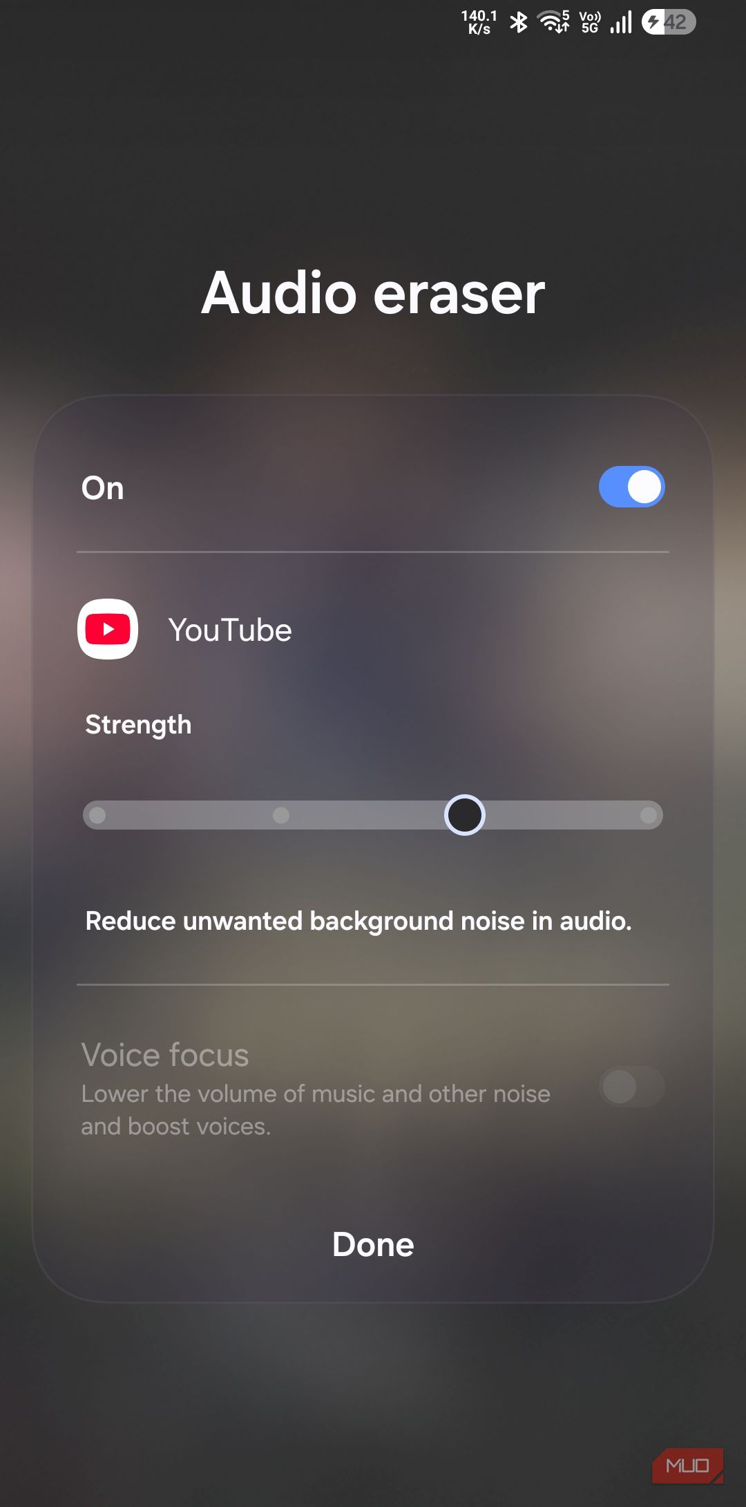 Audio eraser feature in YouTube app