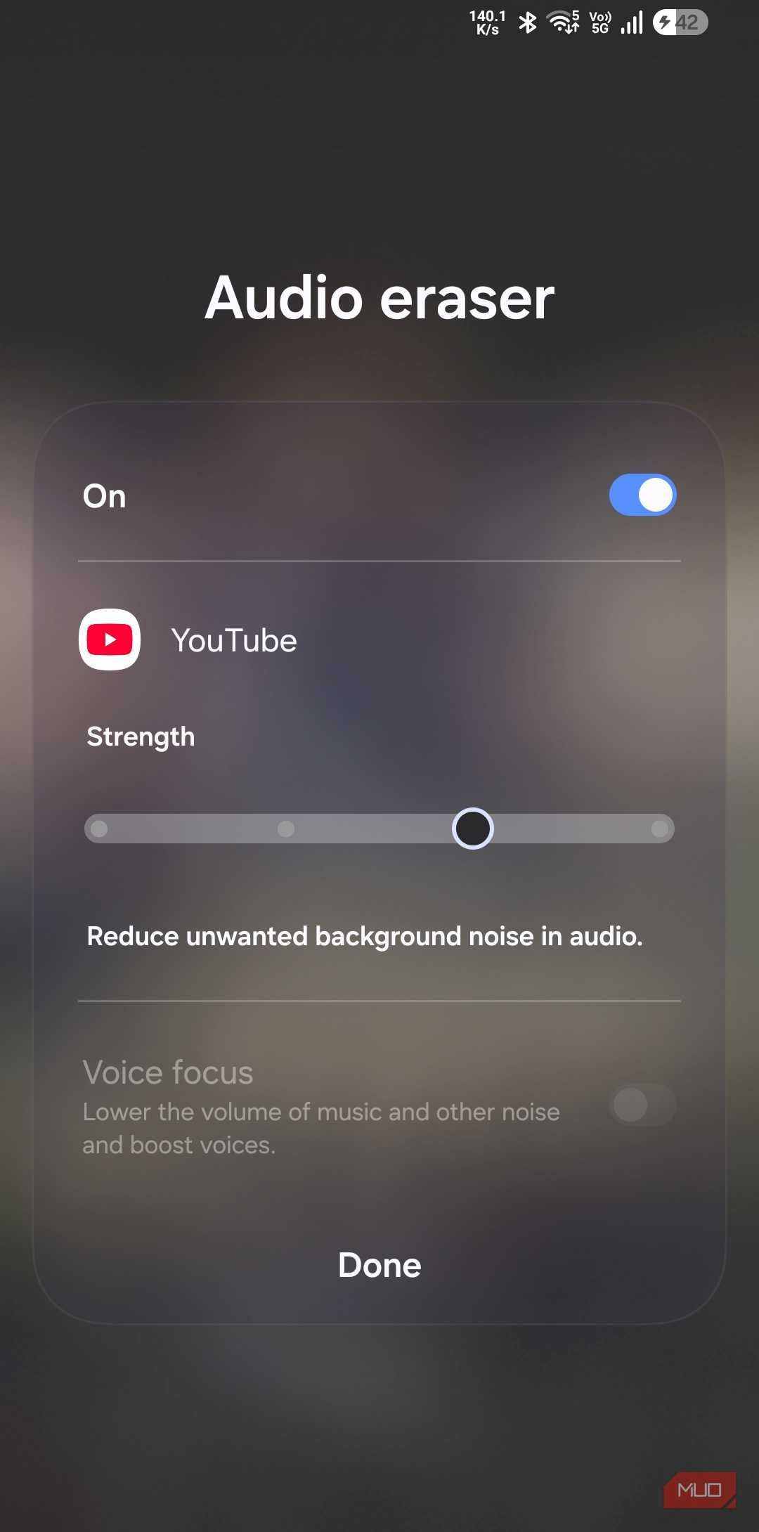 Audio eraser feature in YouTube app