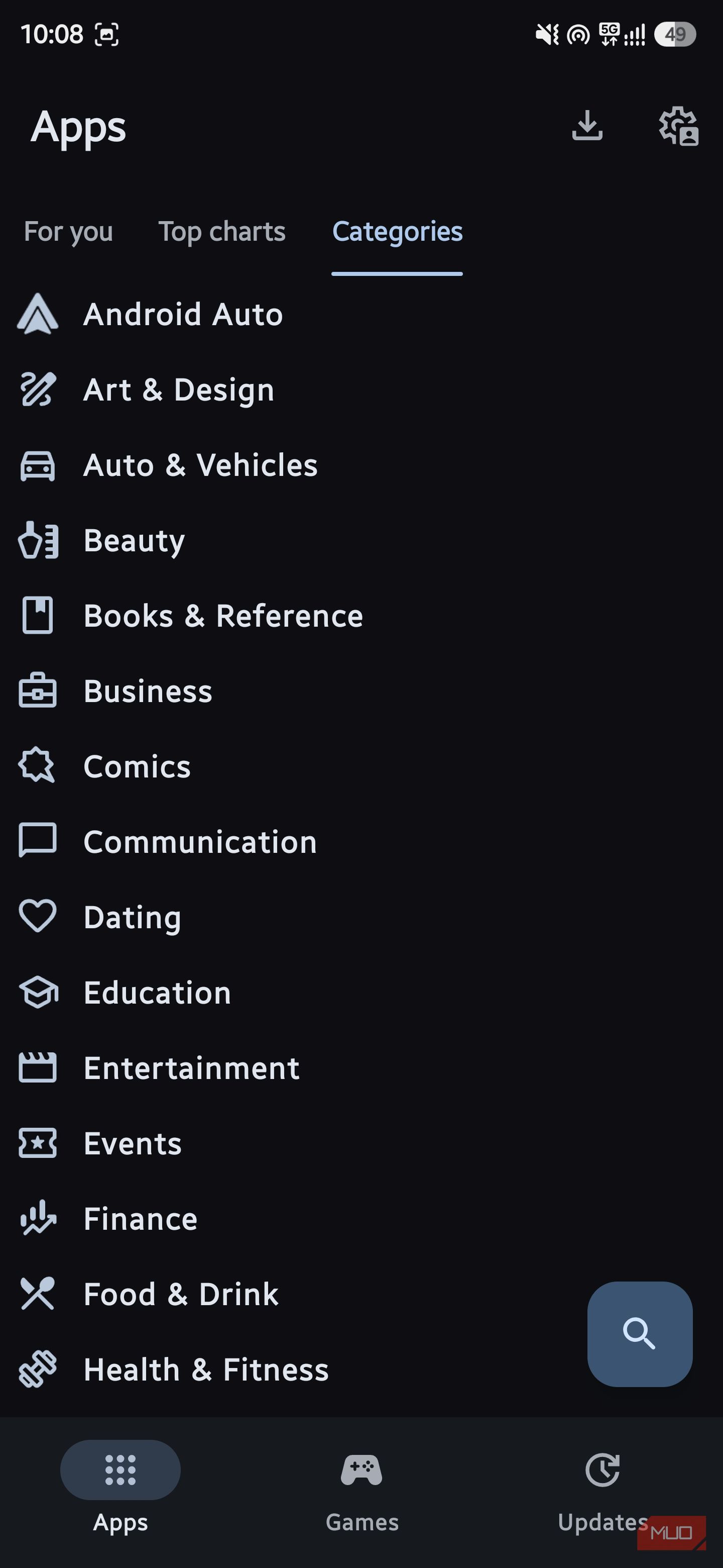 Aurora Store app categories