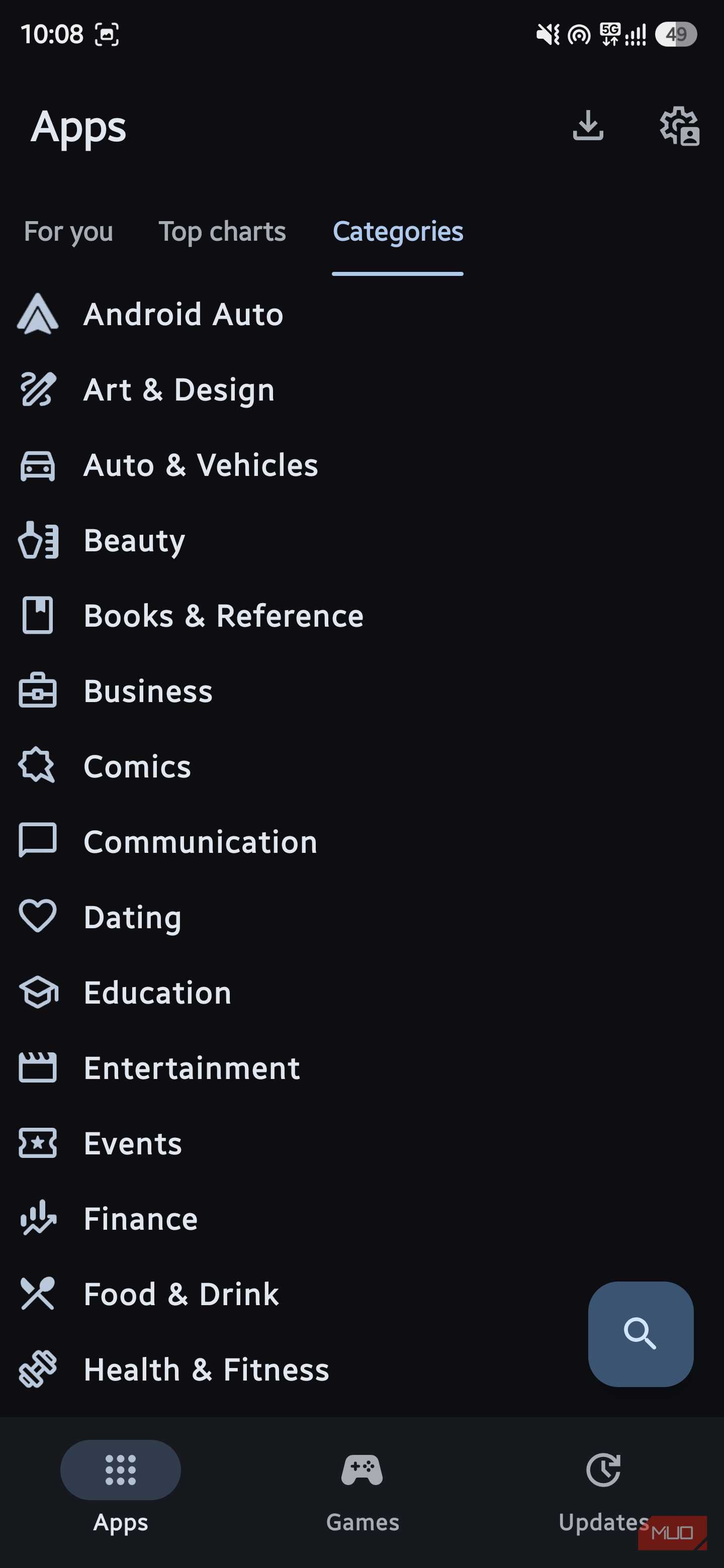 Aurora Store app categories