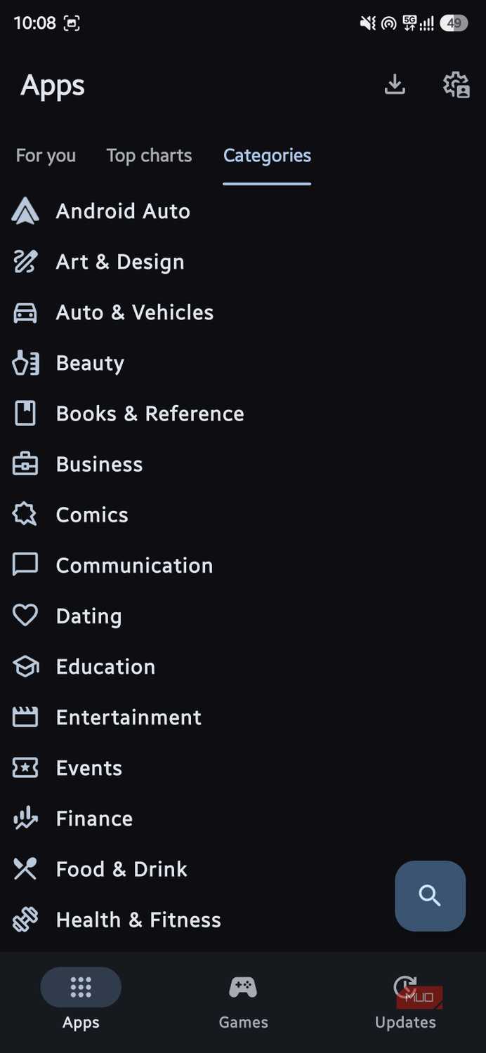 Aurora Store app categories