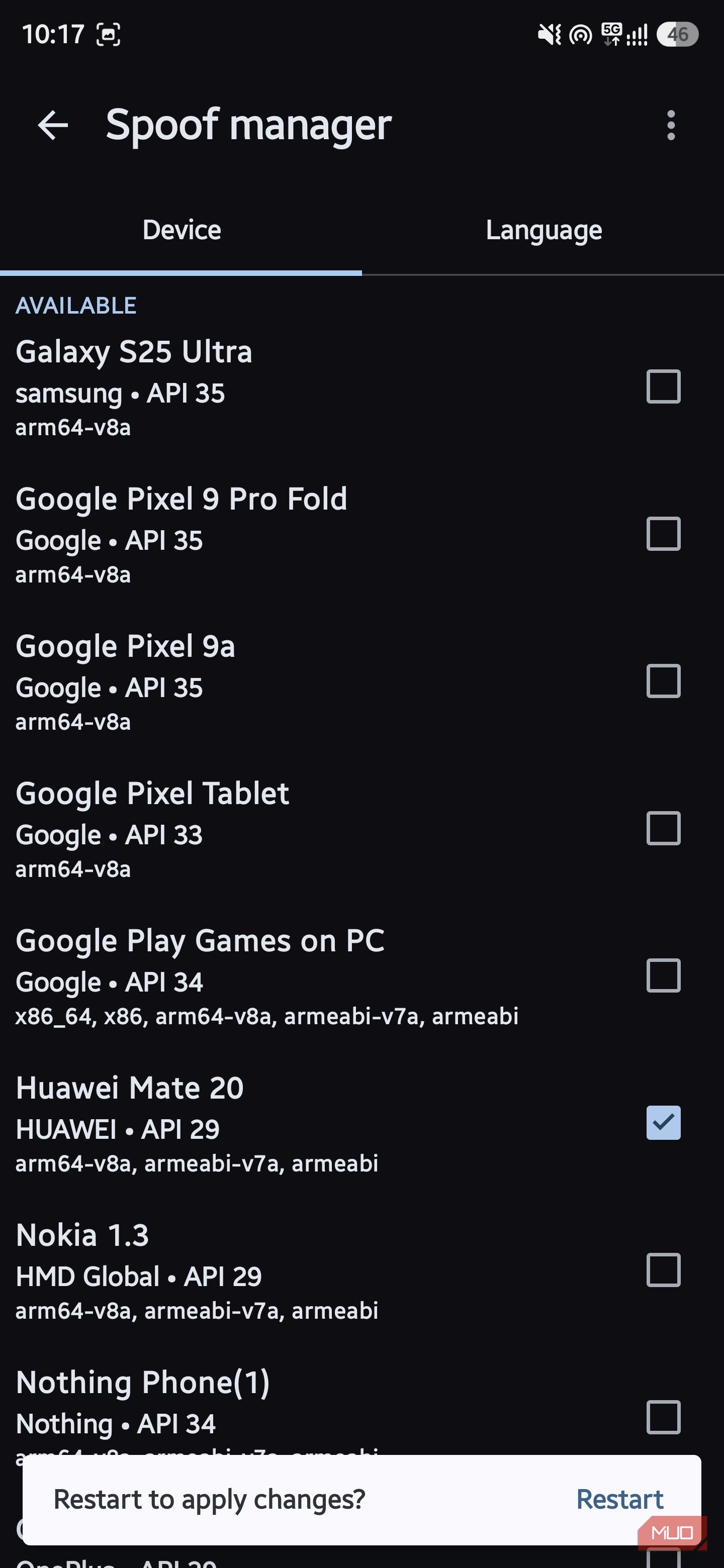 Aurora Store device spoofing menu