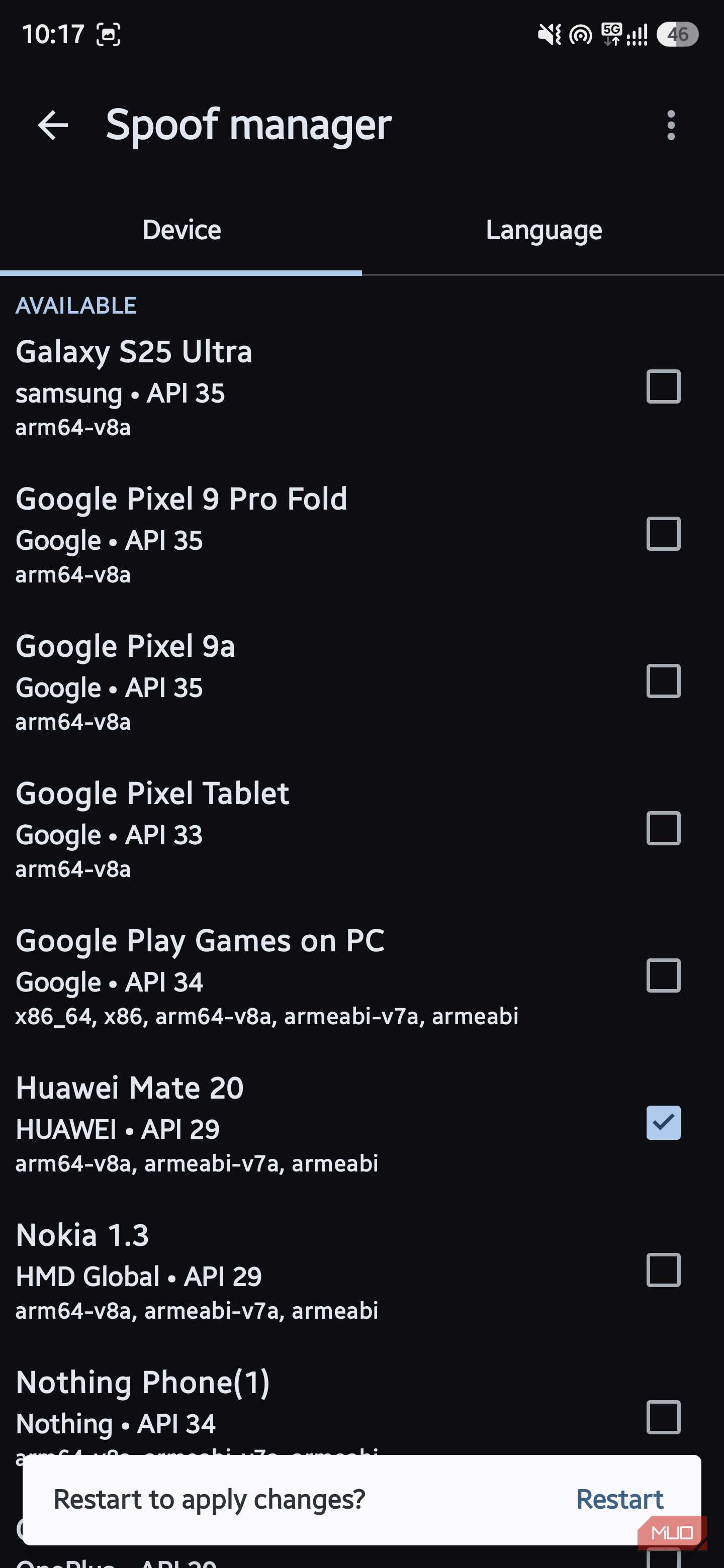 Aurora Store device spoofing menu
