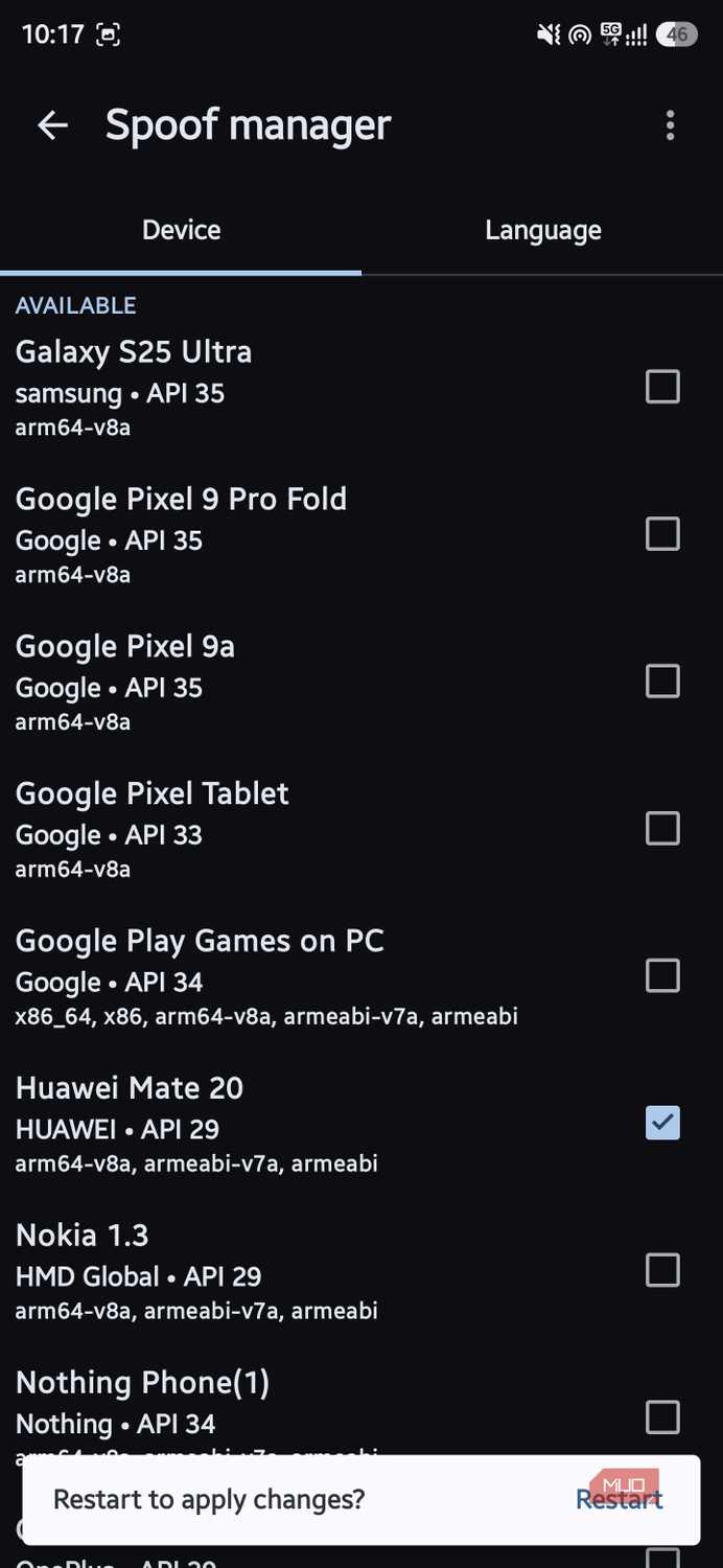 Aurora Store device spoofing menu