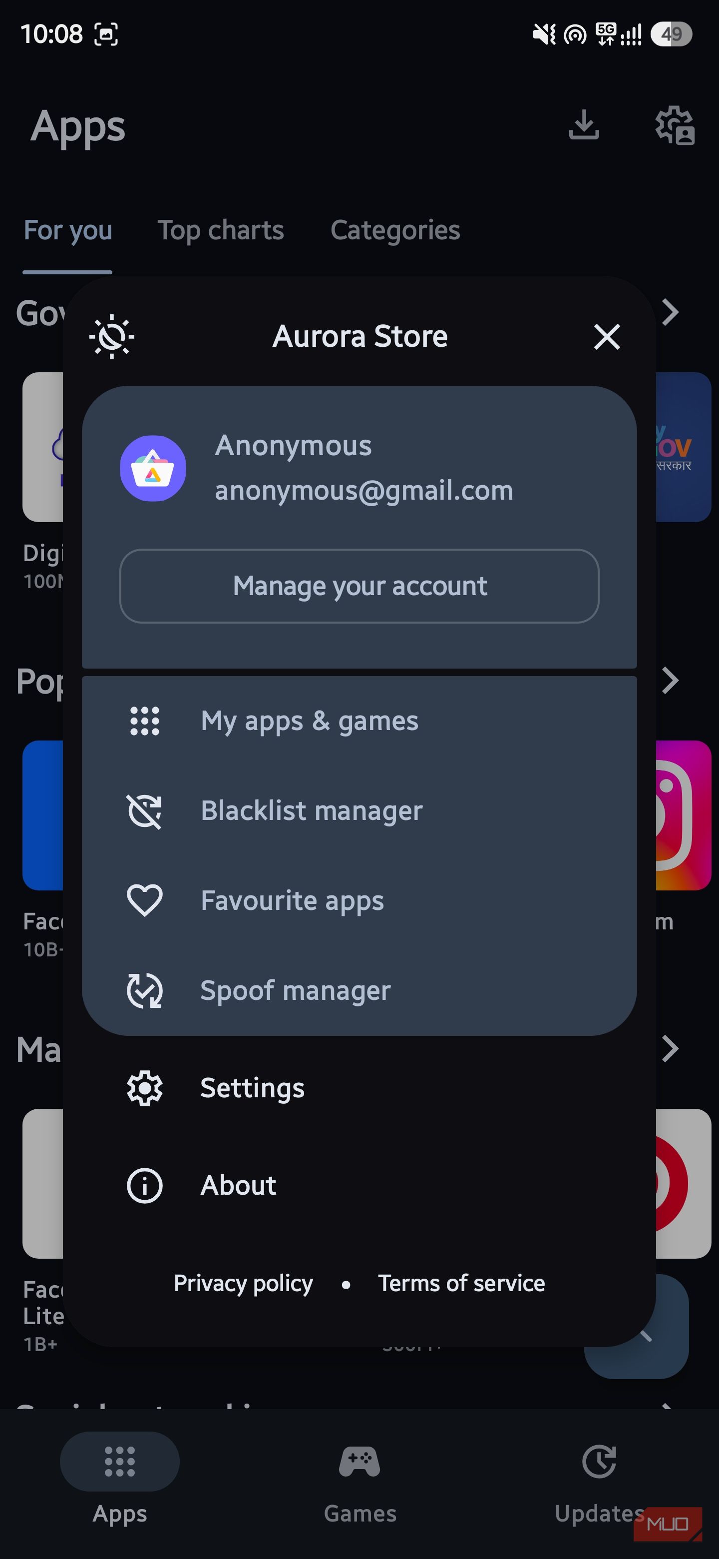 Aurora Store Settings menu