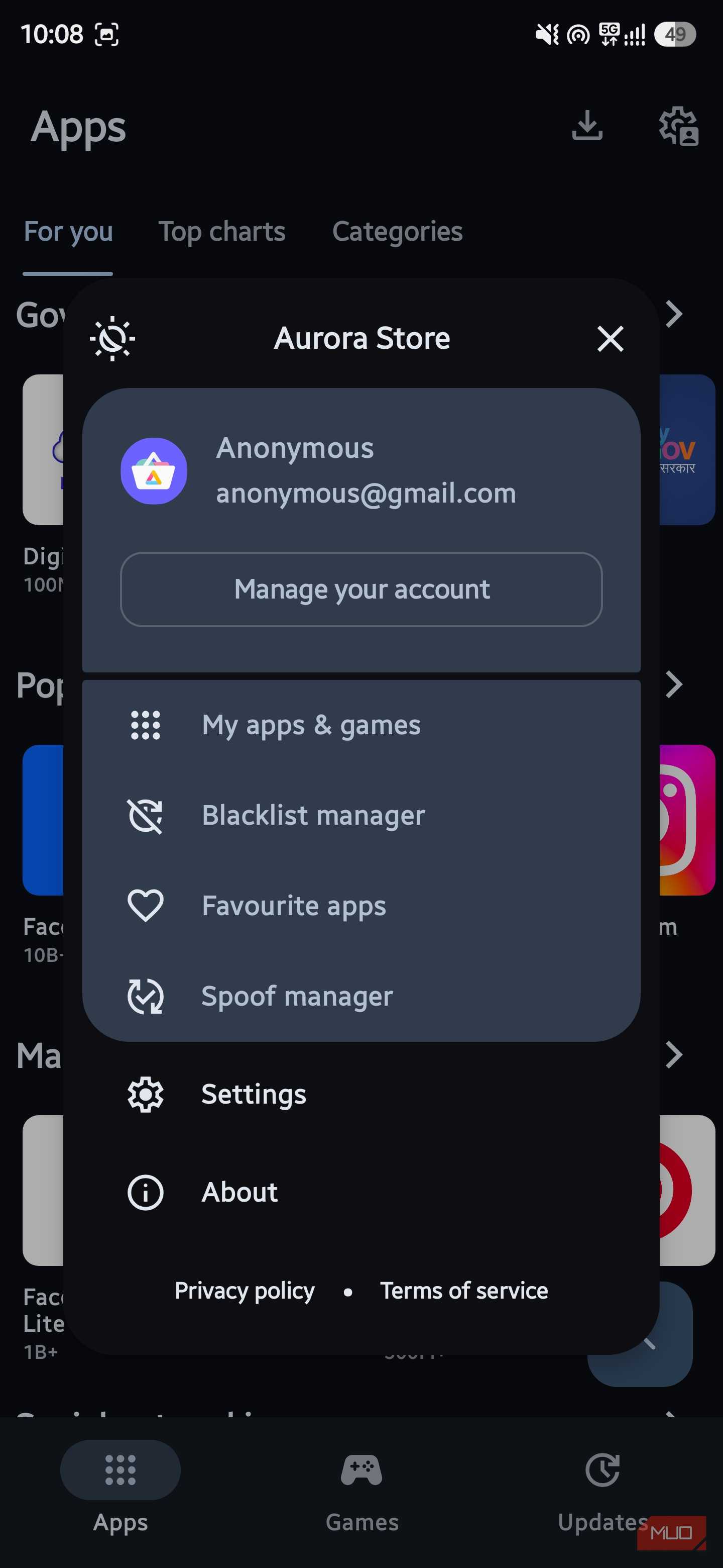 Aurora Store Settings menu