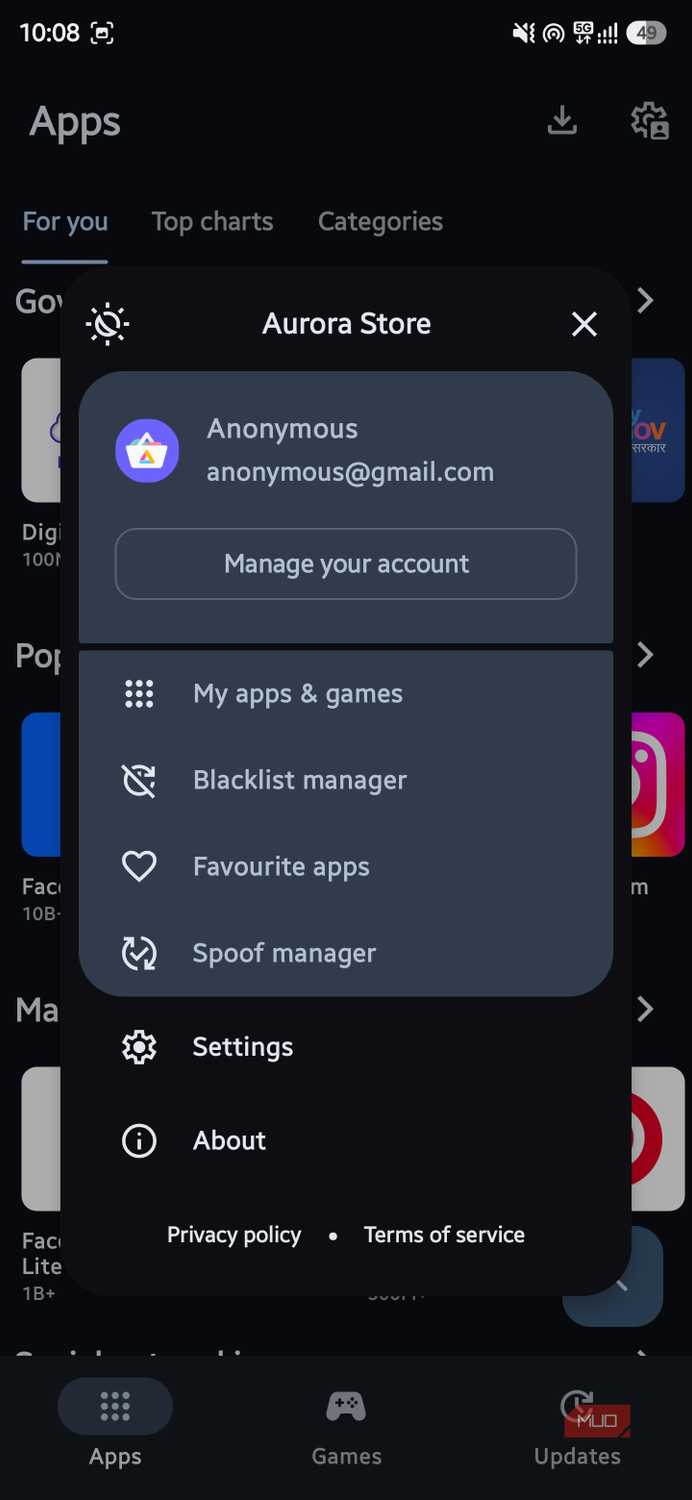 Aurora Store Settings menu