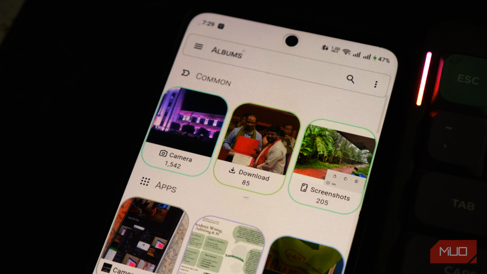 Aves Gallery is running on an Android smartphone next to a keyboard