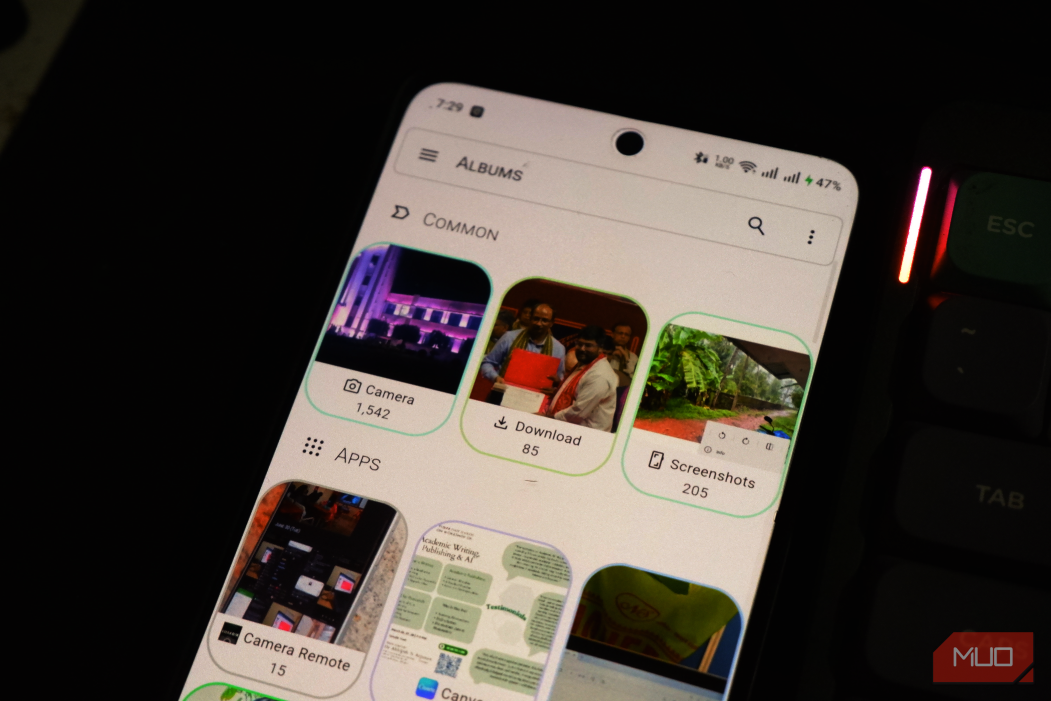 Aves Gallery is running on an Android smartphone next to a keyboard