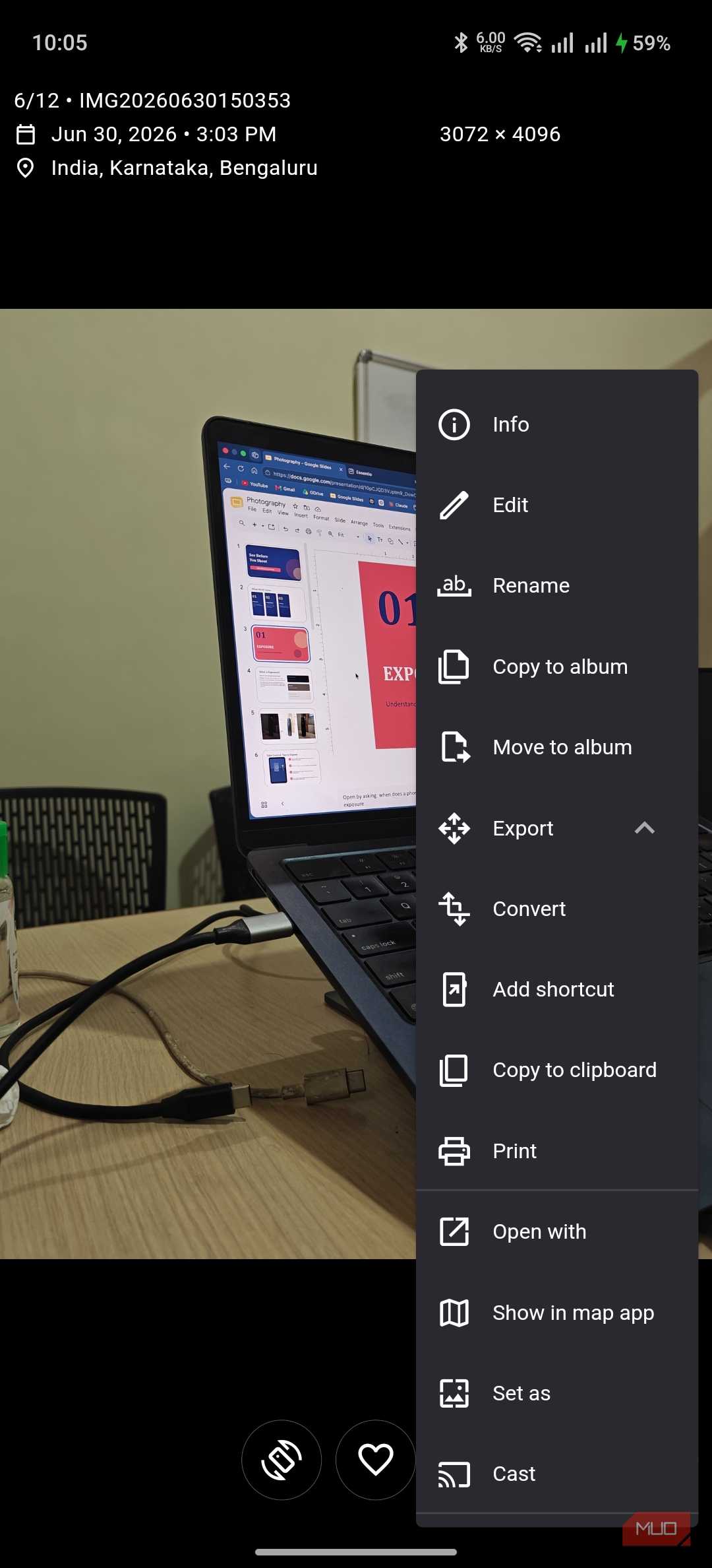 Aves Gallery contextual menu options