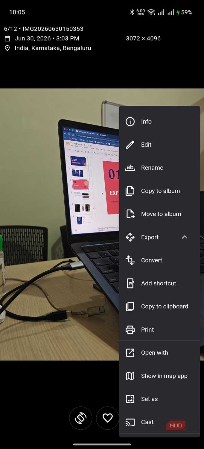 Aves Gallery contextual menu options