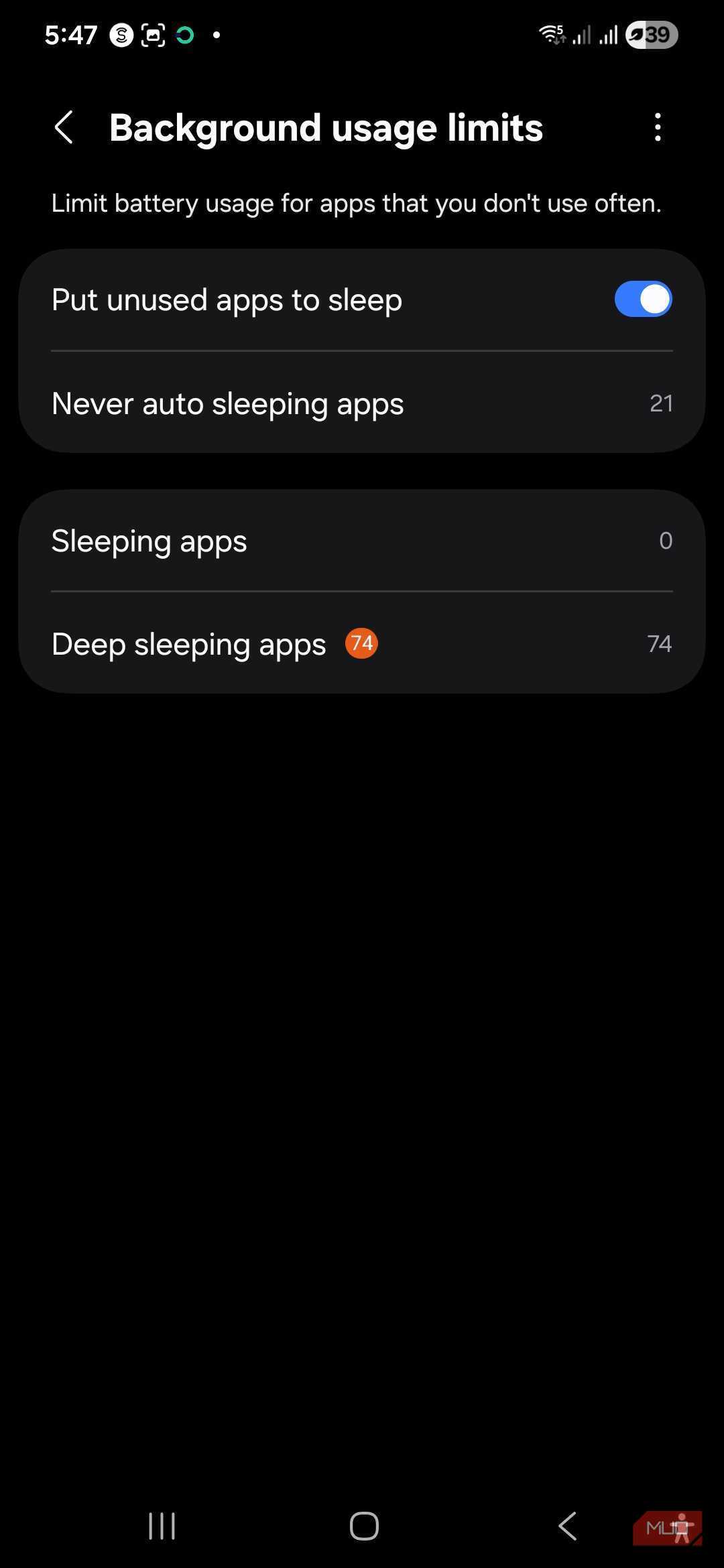 Background usage limits settings on Samsung