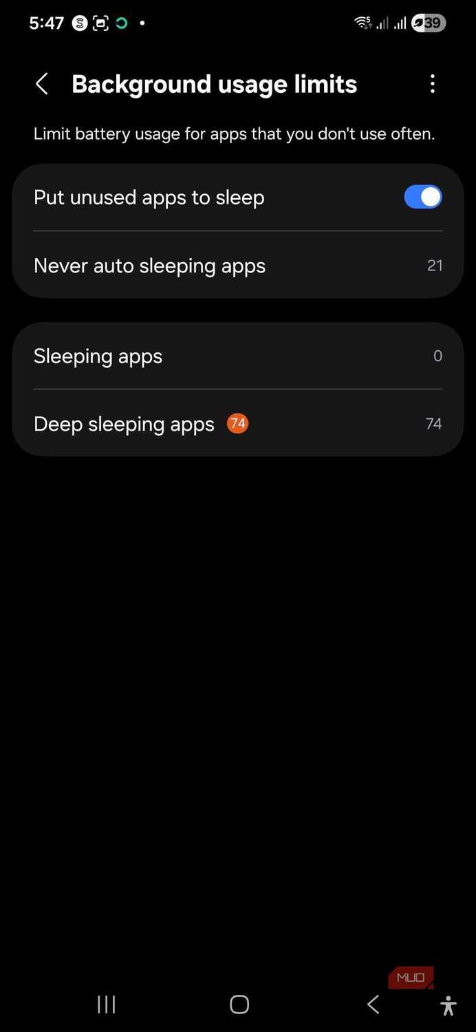Background usage limits settings on Samsung