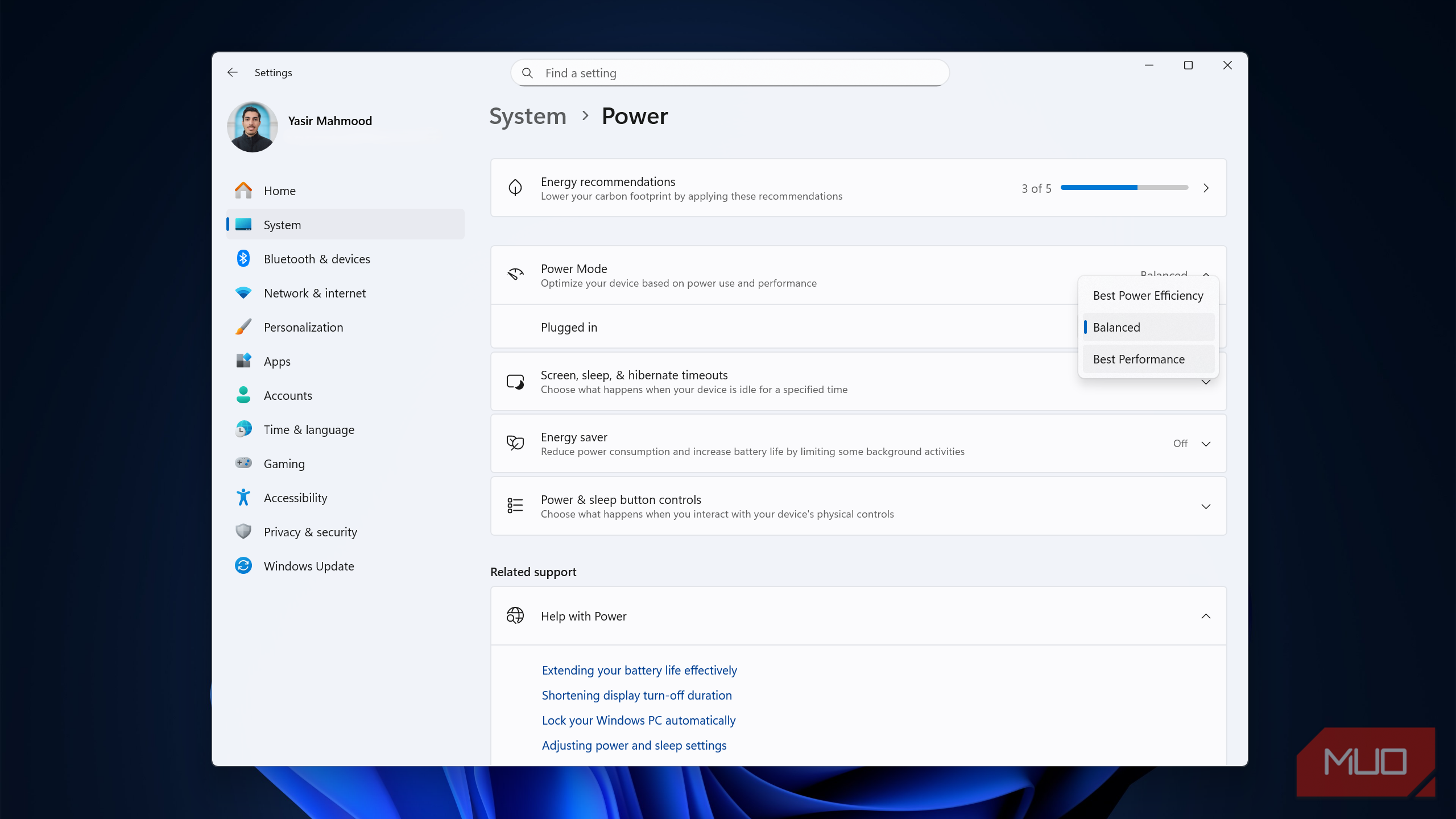 Balanced power mode selected in Windows Settings app.
