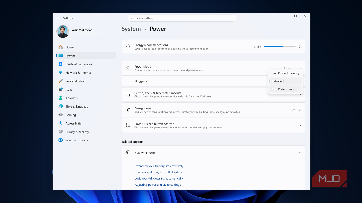 Balanced power mode selected in Windows Settings app.