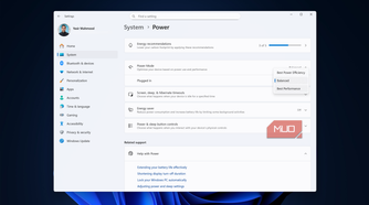 Balanced power mode selected in Windows Settings app.