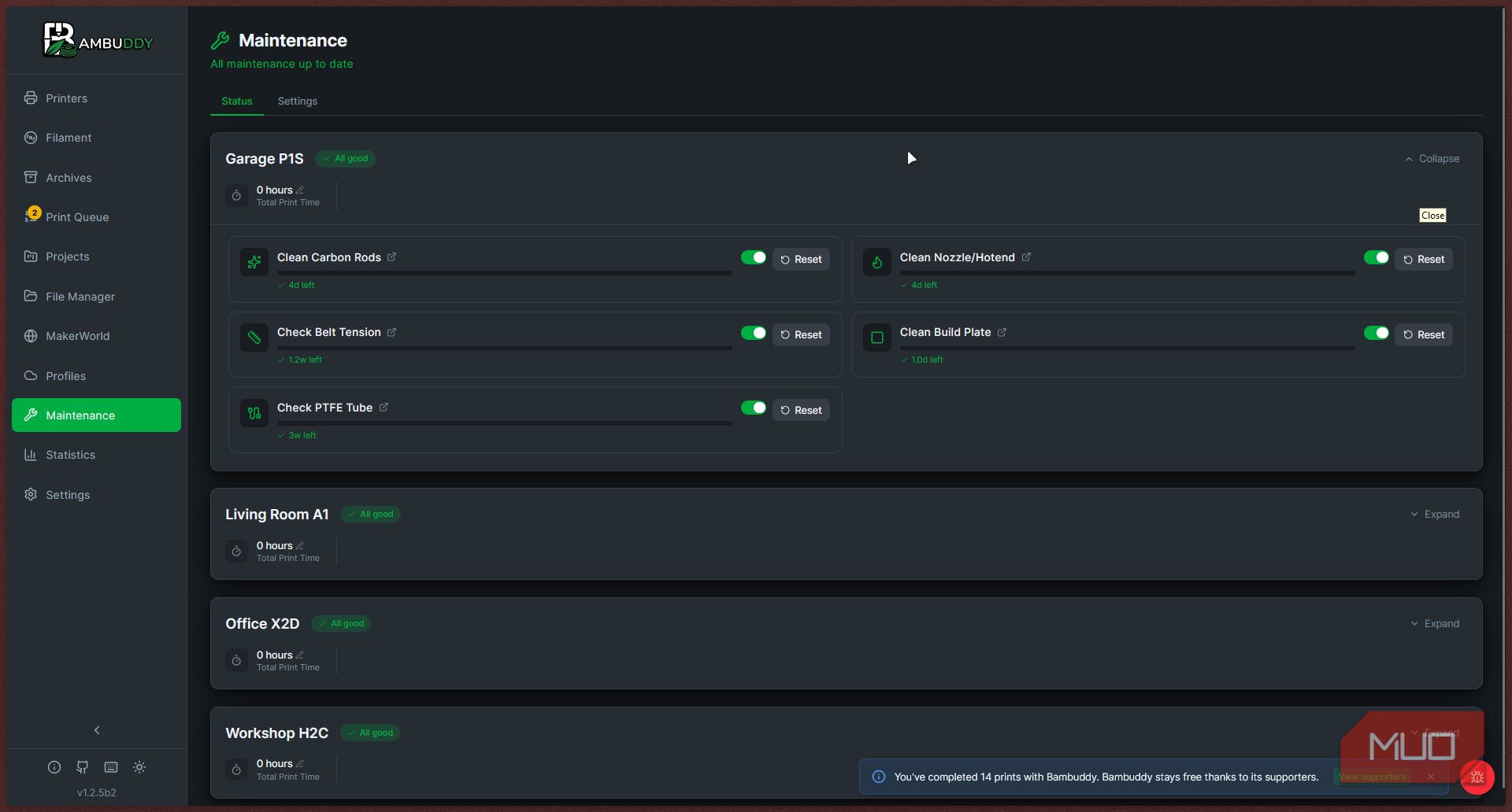 Bambuddy maintainence page.