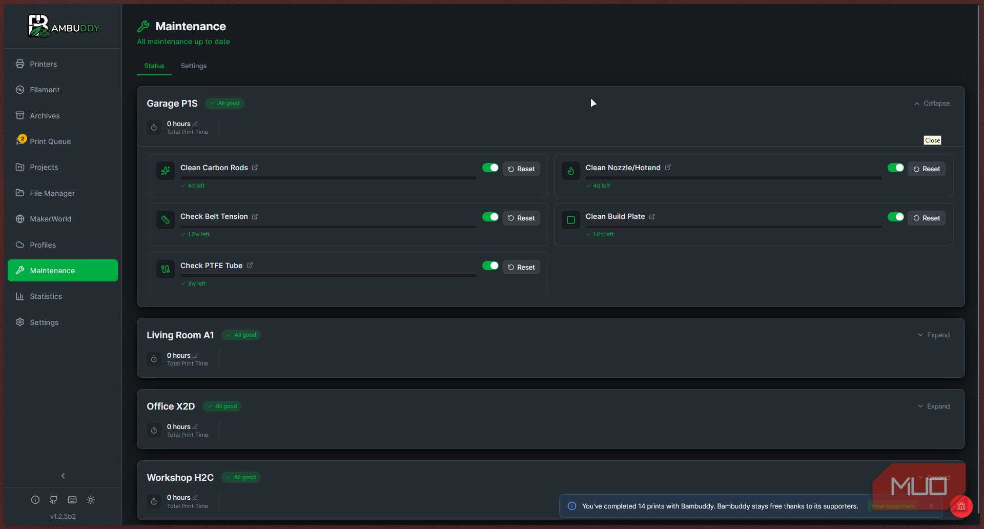 Bambuddy maintainence page.