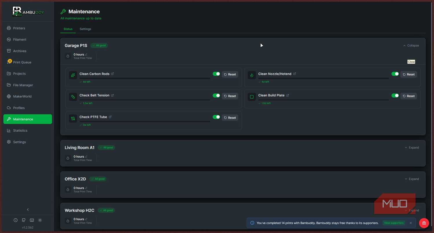 Bambuddy maintainence page.
