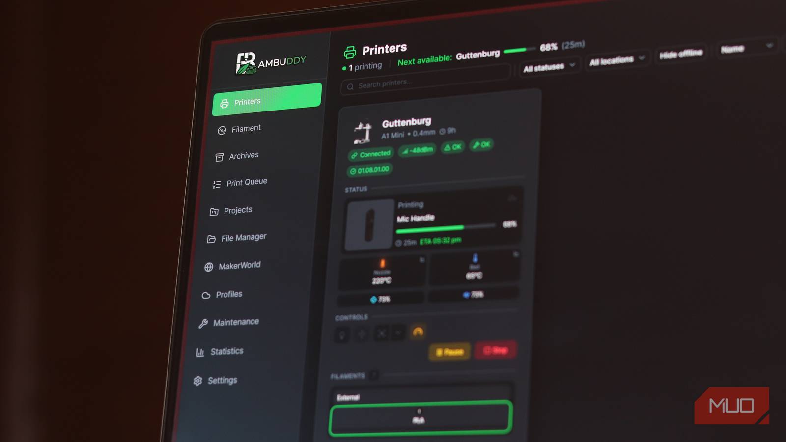 Bambuddy running on a Windows laptop.
