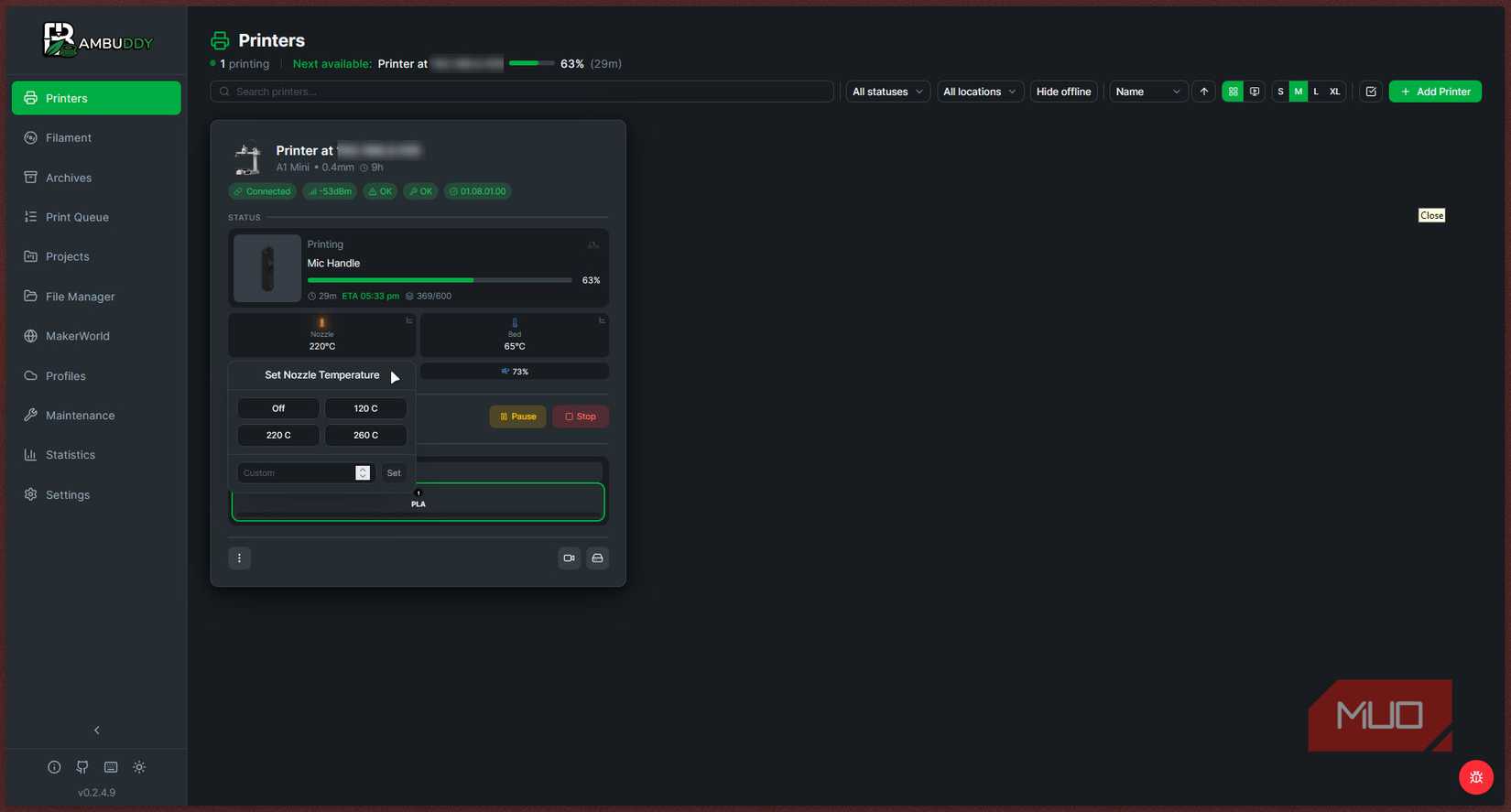 Bambuddy showing nozzel temperature option.